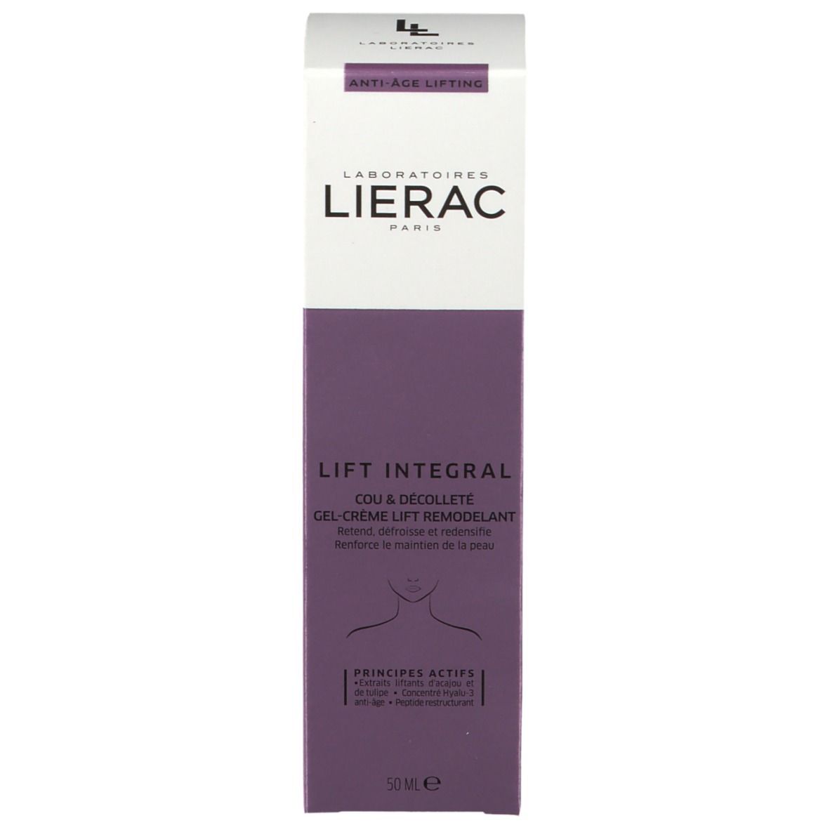 Emballage Lierac Lift Integral. Boîte rectangulaire, violet et blanc. Nom du produit et marque visibles.
