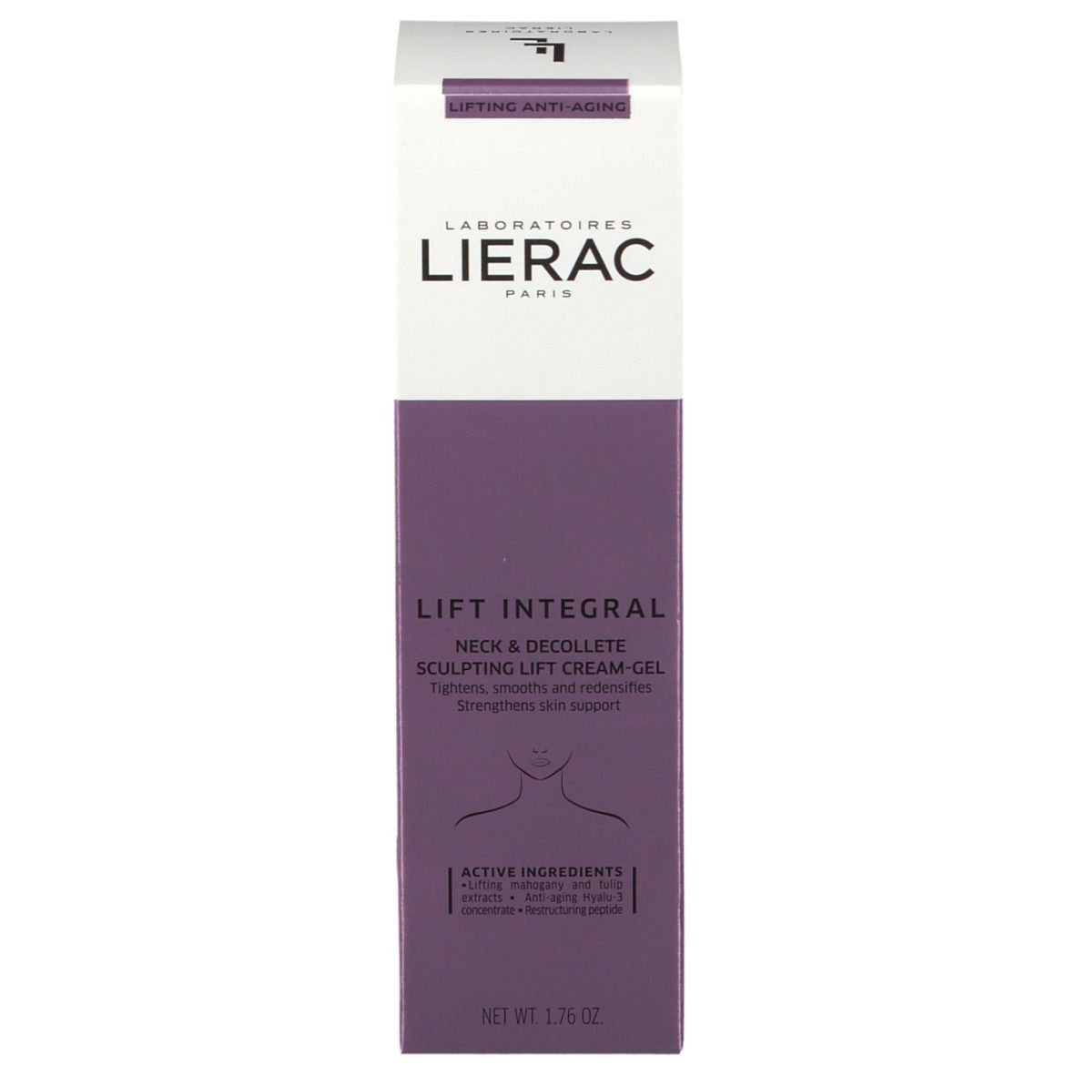 Emballage Lierac Lift Integral. Boîte rectangulaire, violet et blanc. Nom du produit et marque visibles.