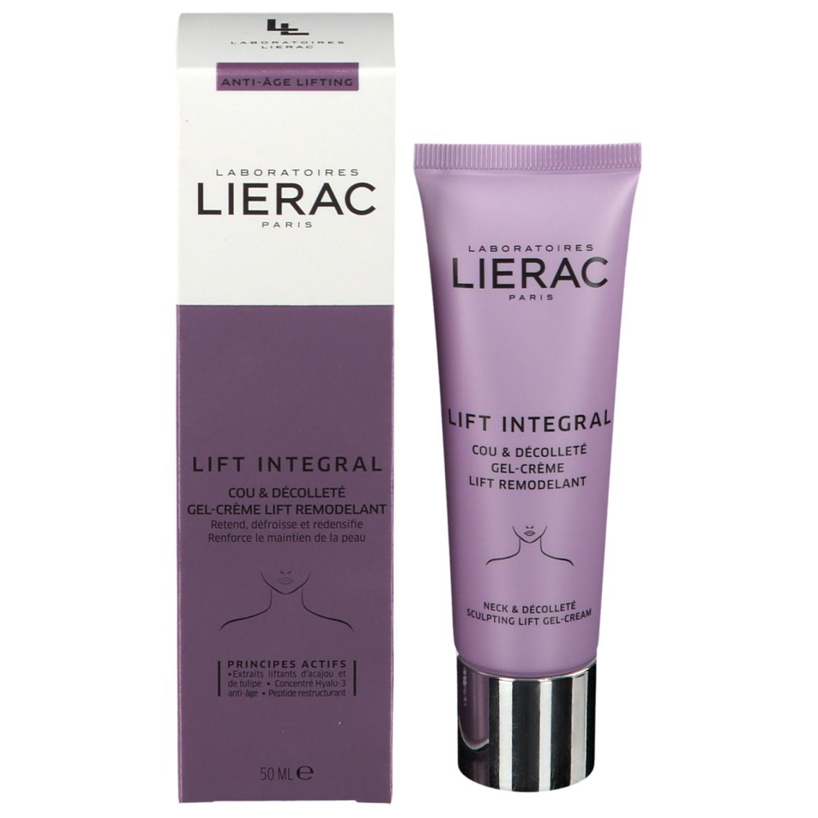 Lierac Lift Integral Gel-Crème et emballage. Tube et boîte, violet et blanc. Nom du produit et marque visibles.