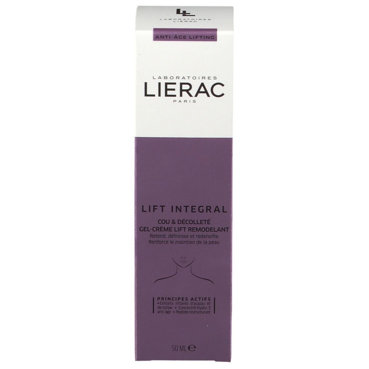 Emballage Lierac Lift Integral. Boîte rectangulaire, violet et blanc. Nom du produit et marque visibles.