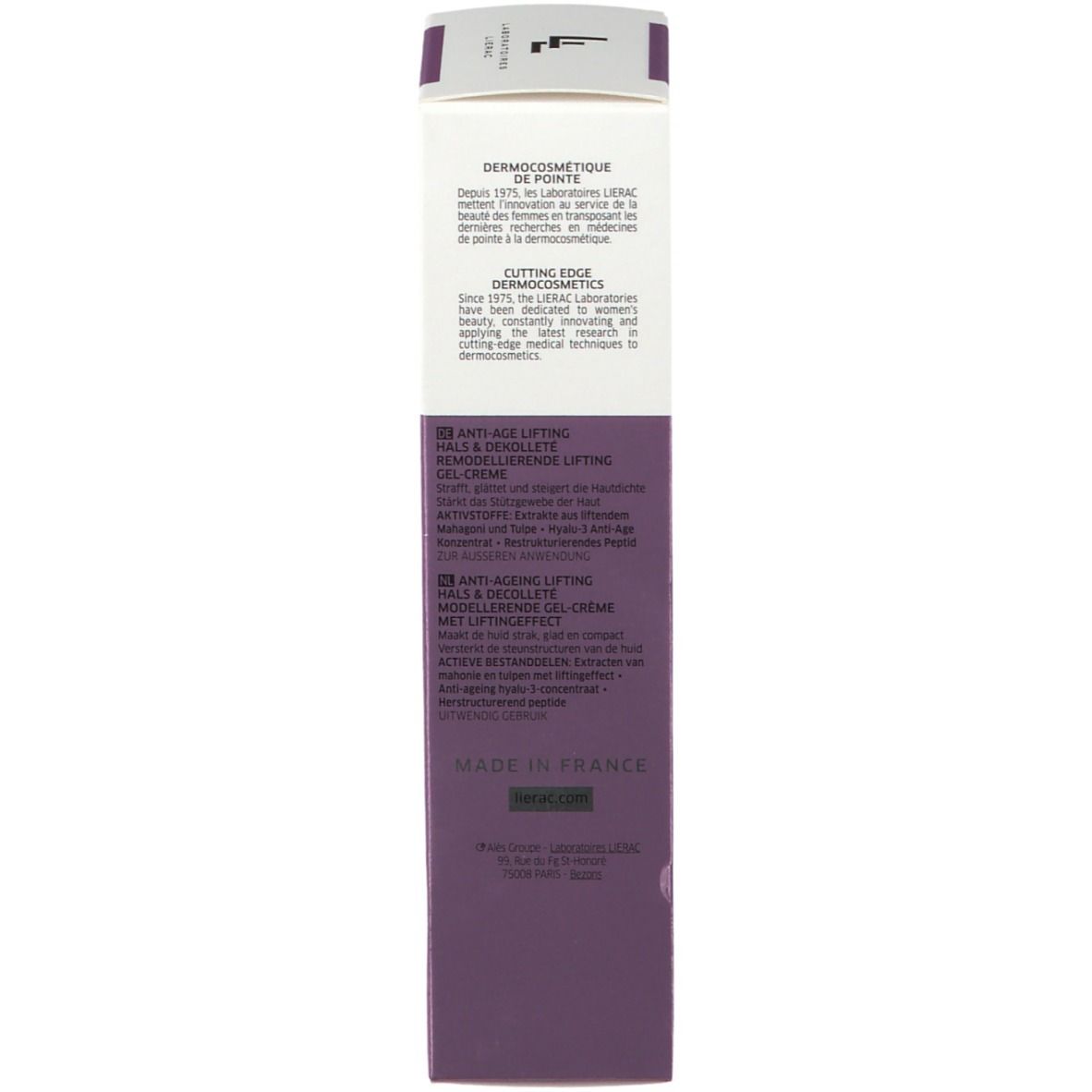 Dos de l'emballage Lierac Lift Integral. Texte multilingue. Code-barres et informations produit.