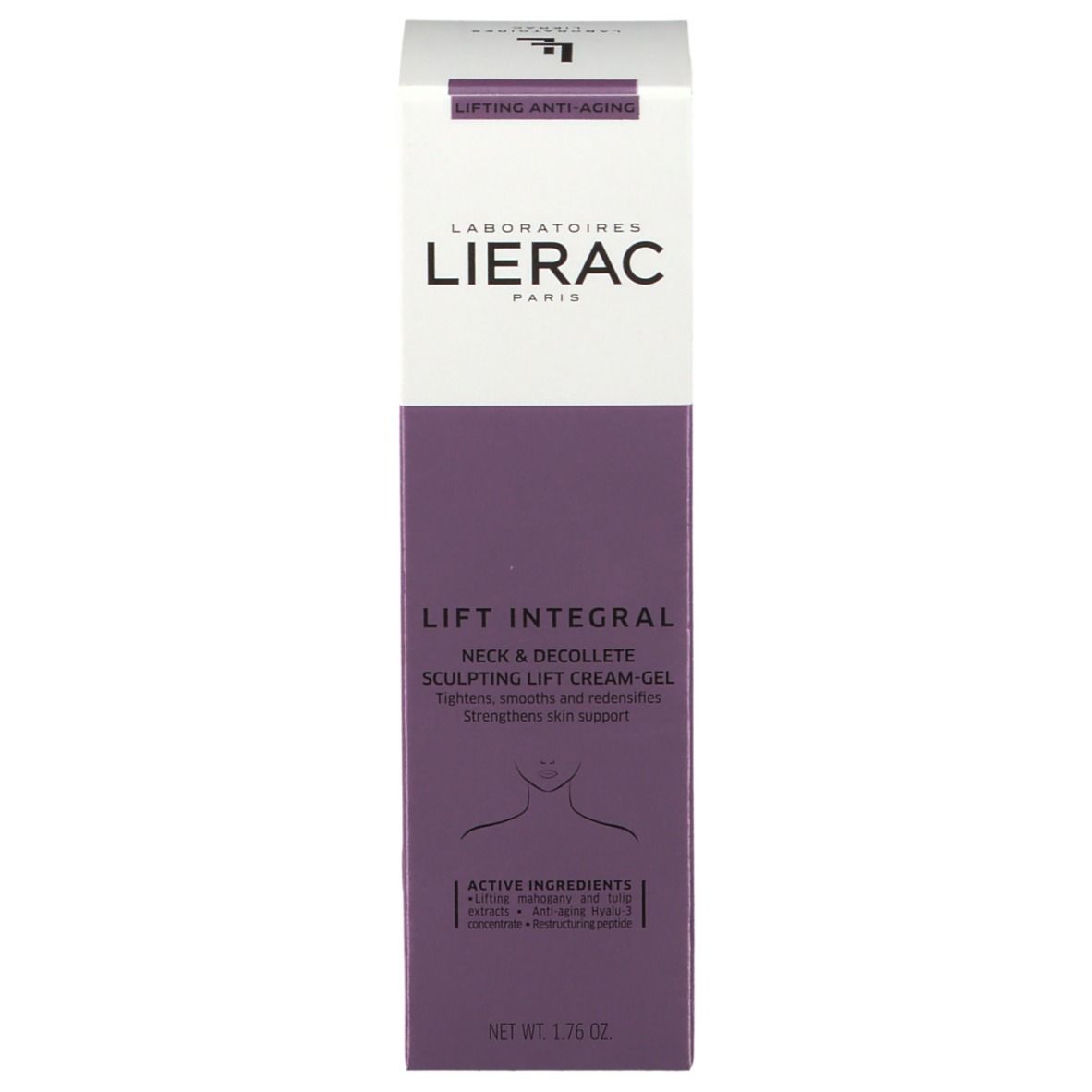 Emballage Lierac Lift Integral. Boîte rectangulaire, violet et blanc. Nom du produit et marque visibles.
