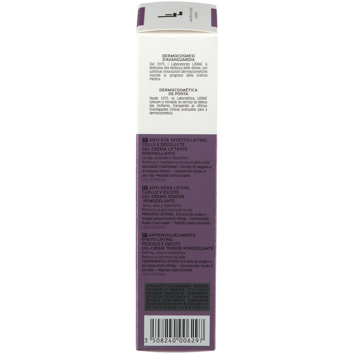 Dos de l'emballage Lierac Lift Integral. Texte multilingue. Code-barres et informations produit.