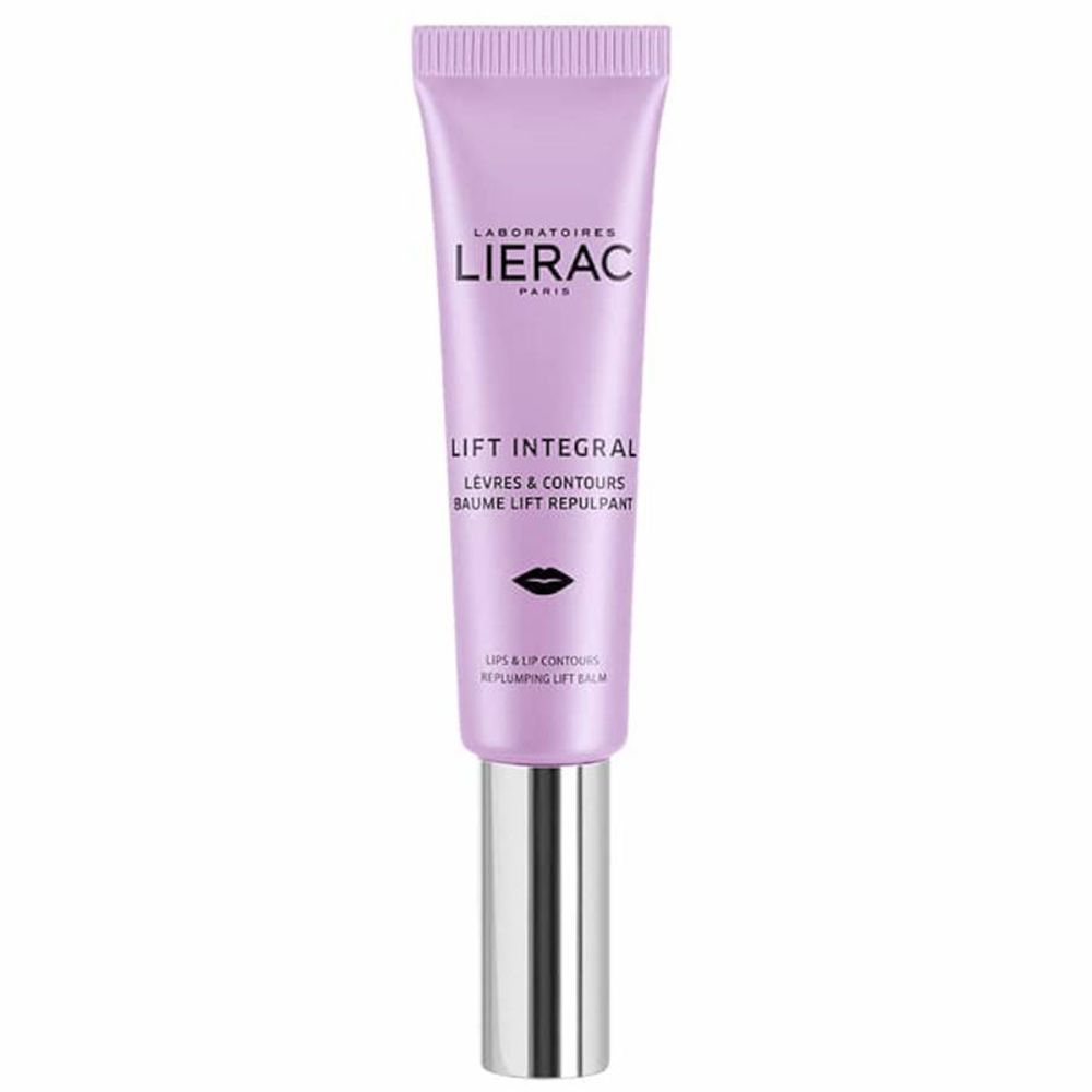 Tube de baume à lèvres Lierac Lift Integral. Tube lilas, bouchon argenté. Nom du produit et logo visibles.