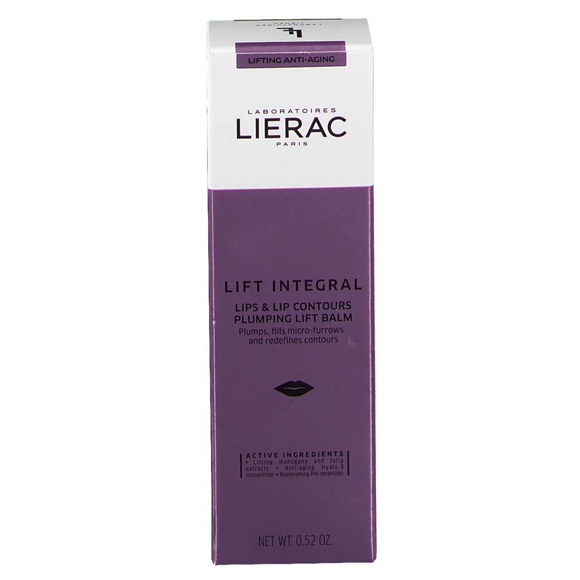 Emballage du baume à lèvres Lierac Lift Integral. Boîte lilas avec informations. Logo et nom visibles.
