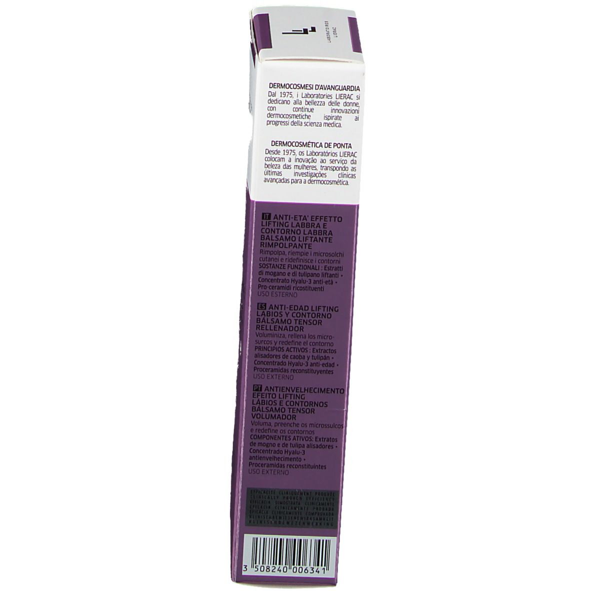 Dos de l'emballage Lierac Lift Integral. Boîte lilas avec texte. Informations et logo du produit.