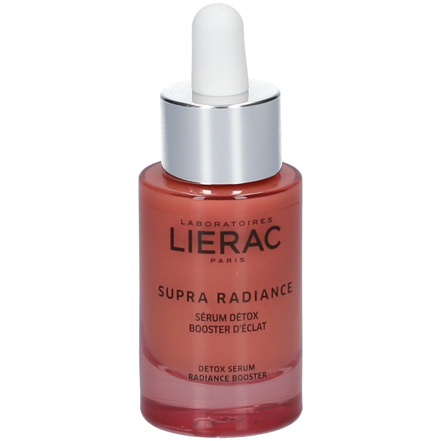 Flacon de sérum rose avec bouchon argenté et applicateur blanc. Texte: Lierac Paris, Supra Radiance, Sérum Détox Booster d'Éclat.