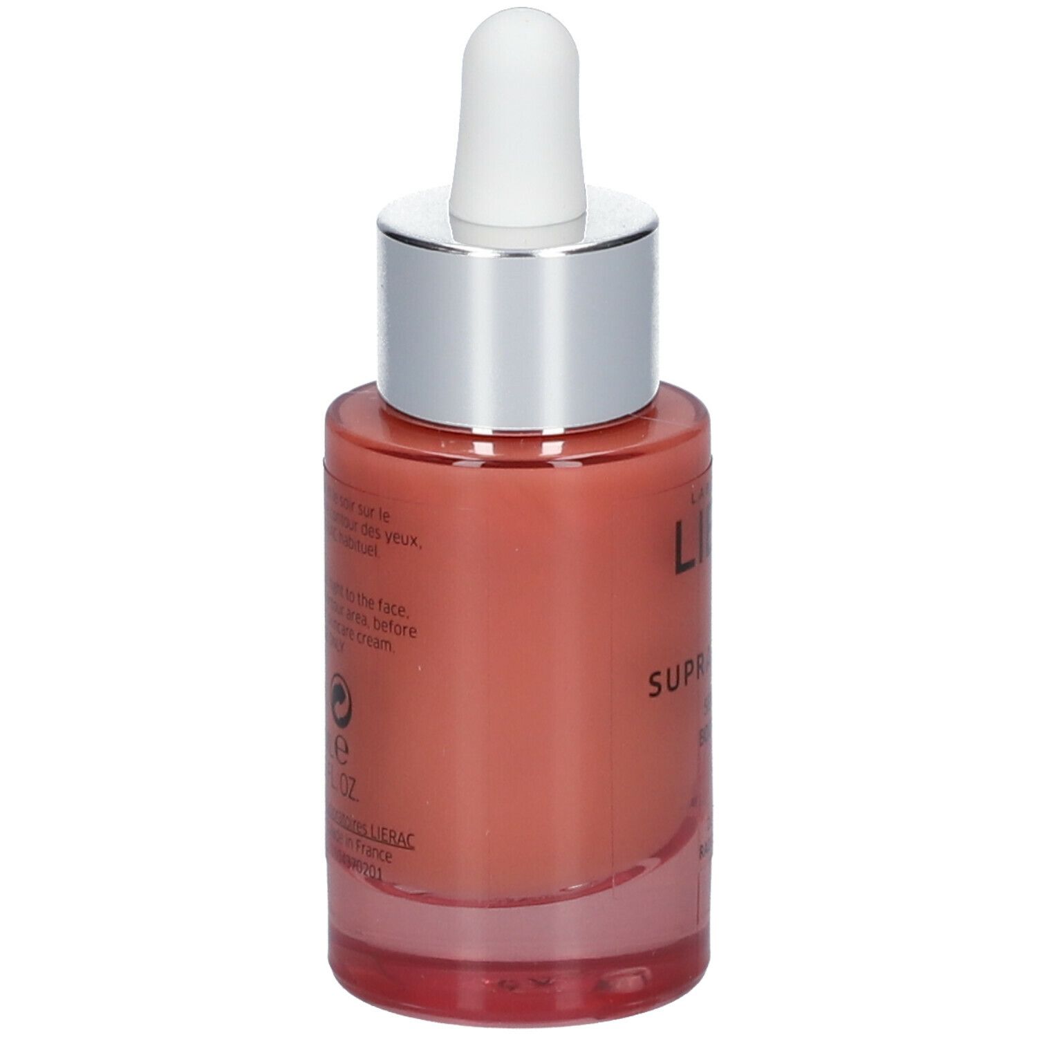 Vue arrière d'un flacon de sérum rose avec texte: Lierac, Supra Radiance. Contient des informations sur l'utilisation et les ingrédients.