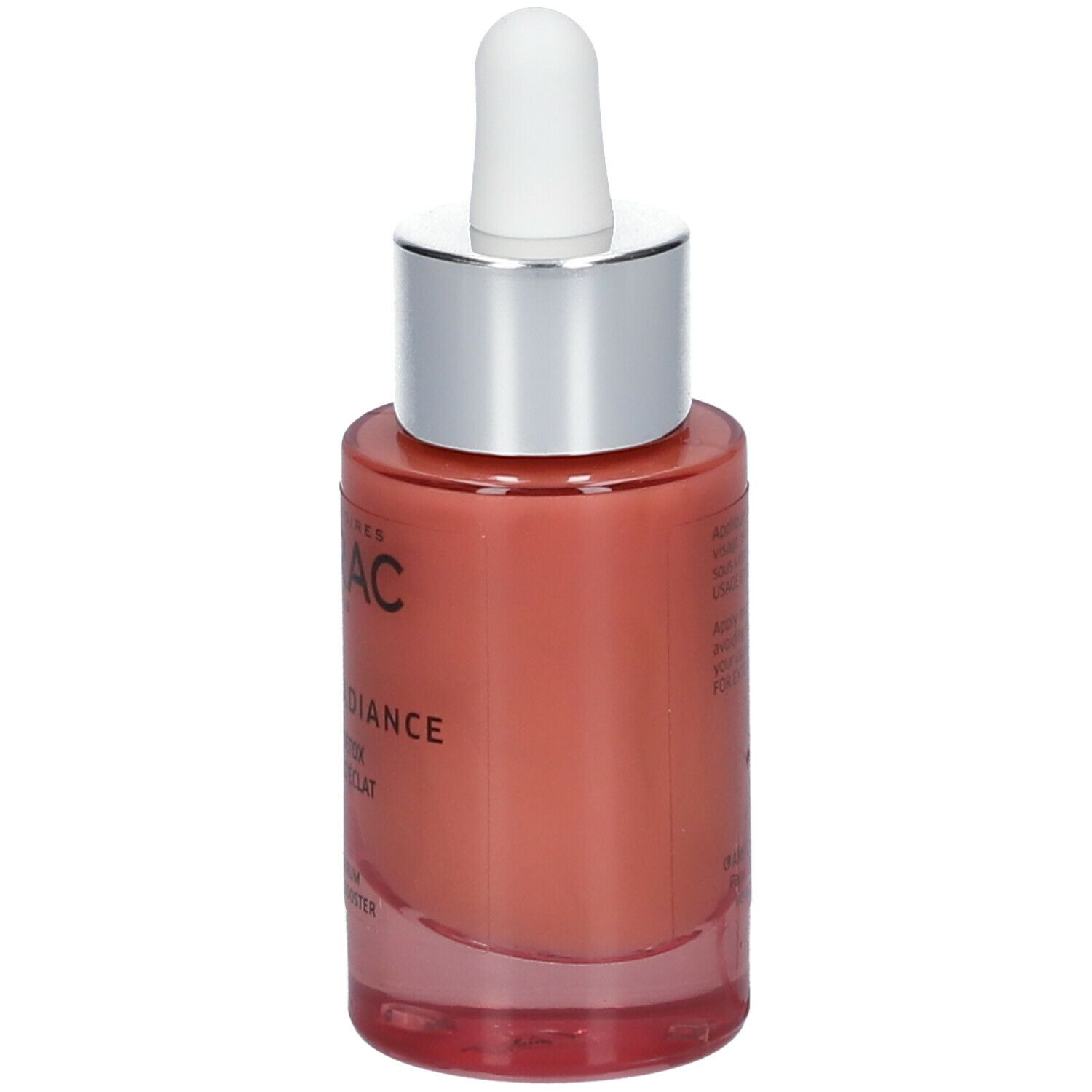Vue arrière d'un flacon de sérum rose avec texte: Lierac, Supra Radiance. Contient des informations sur l'utilisation et les ingrédients.
