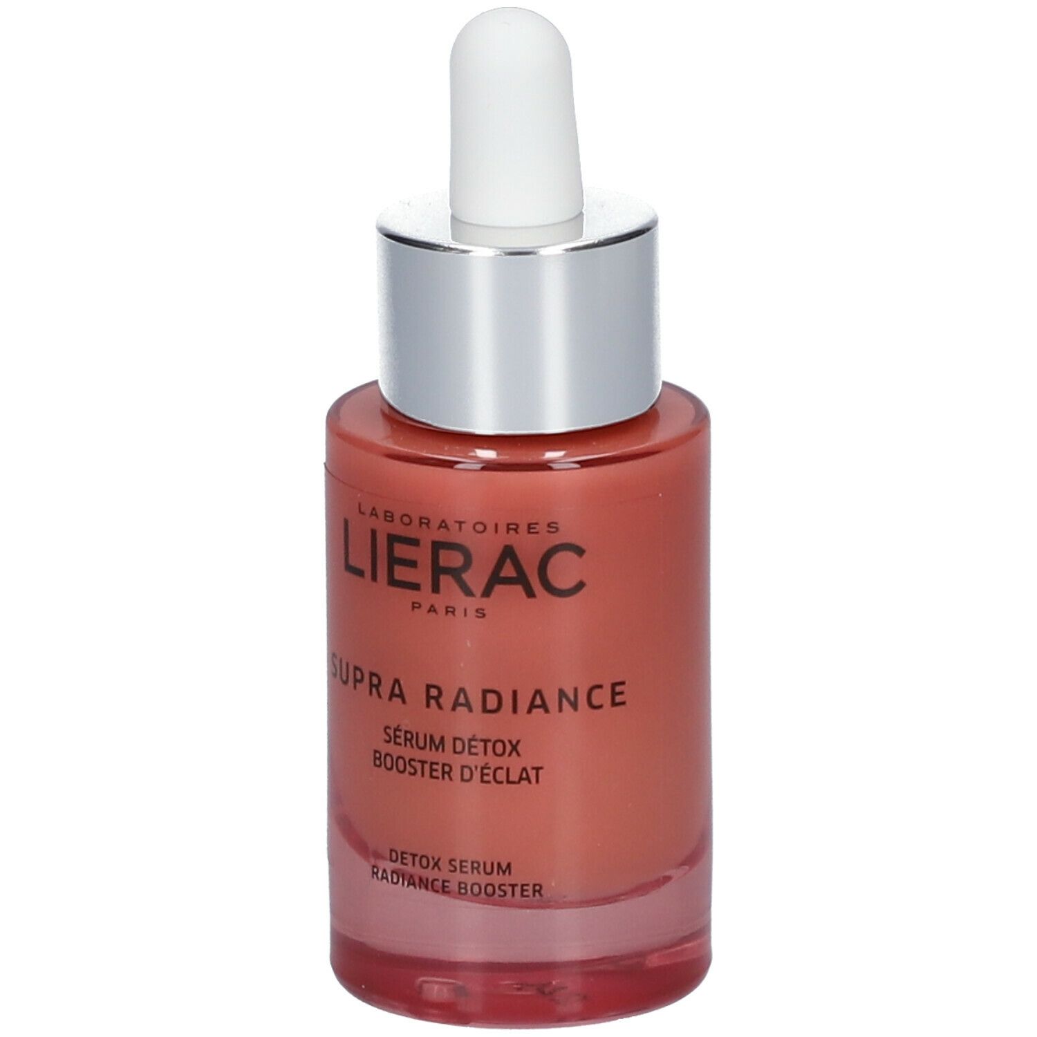 Flacon de sérum rose avec bouchon argenté et applicateur blanc. Texte: Lierac Paris, Supra Radiance, Sérum Détox Booster d'Éclat.