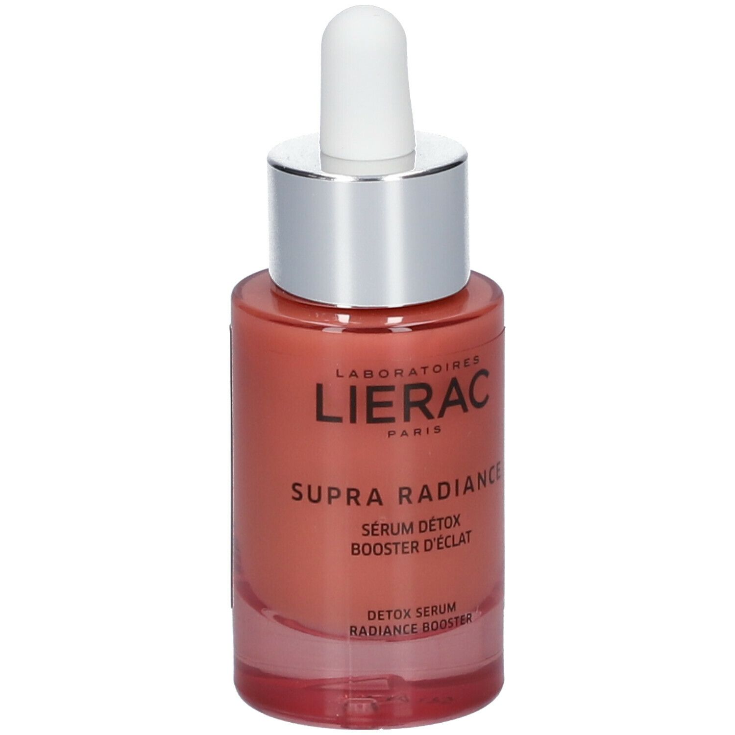 Flacon de sérum rose avec bouchon argenté et applicateur blanc. Texte: Lierac Paris, Supra Radiance, Sérum Détox Booster d'Éclat.