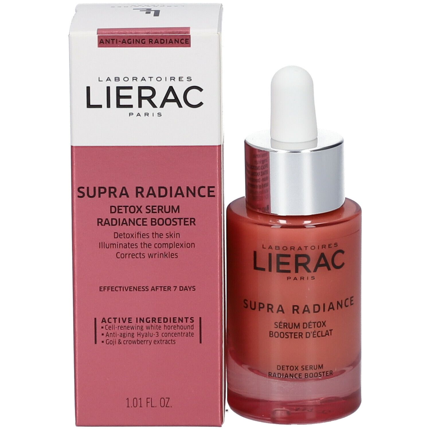 Emballage du produit et flacon de sérum. Emballage: blanc avec accents roses, texte: Lierac, Supra Radiance. Flacon: rose, bouchon argenté, applicateur blanc.