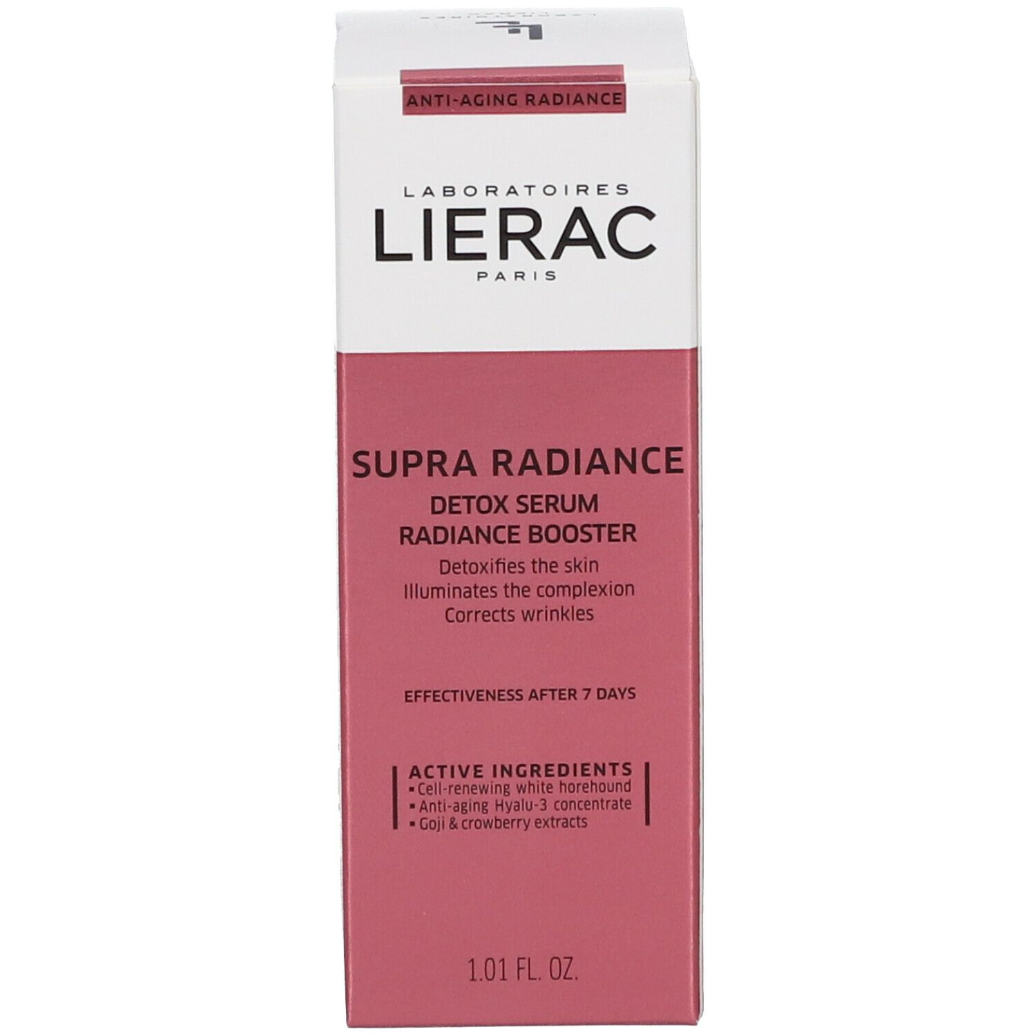 Emballage produit blanc avec accents roses. Texte: Lierac, Supra Radiance, Detox Serum, Radiance Booster. Contient informations et ingrédients.