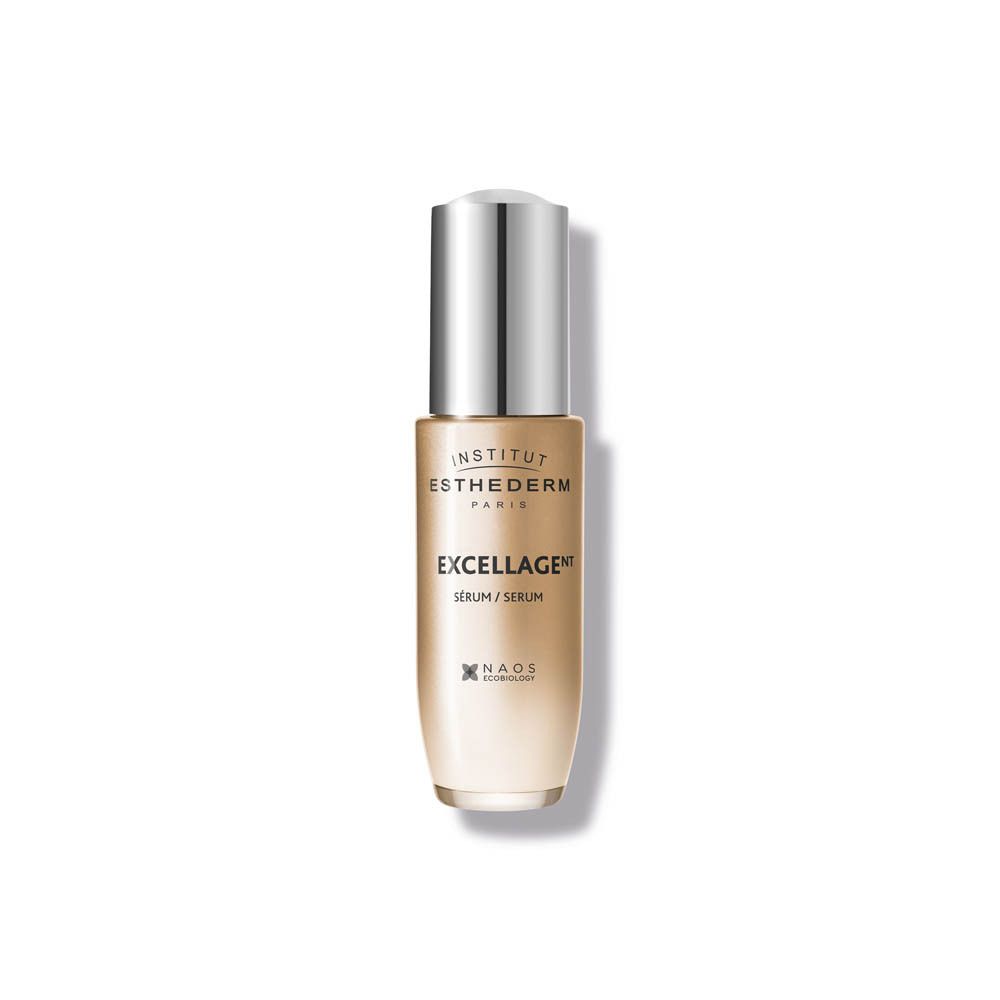 Flacon de sérum avec pompe. Inscriptions: INSTITUT ESTHEDERM PARIS, EXCELLAGE, Sérum, Serum.
