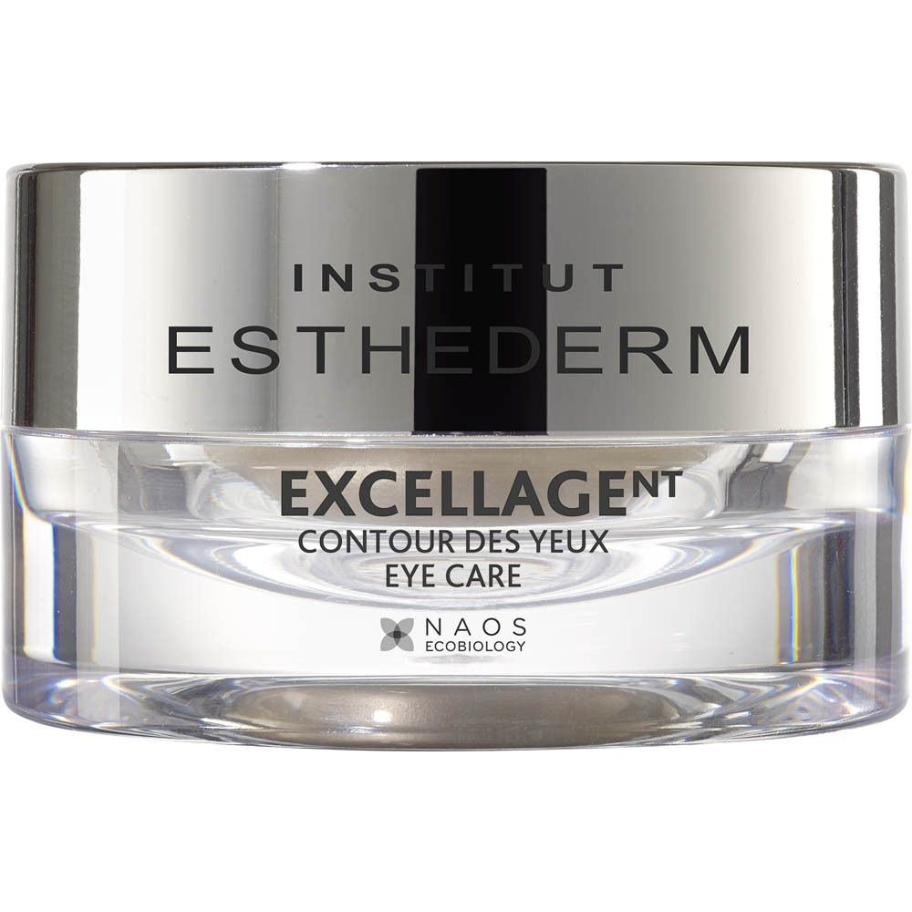 Crèmepot met zilveren deksel. Opschrift: Institut Esthederm, Excellagent, Contour des Yeux Eye Care.