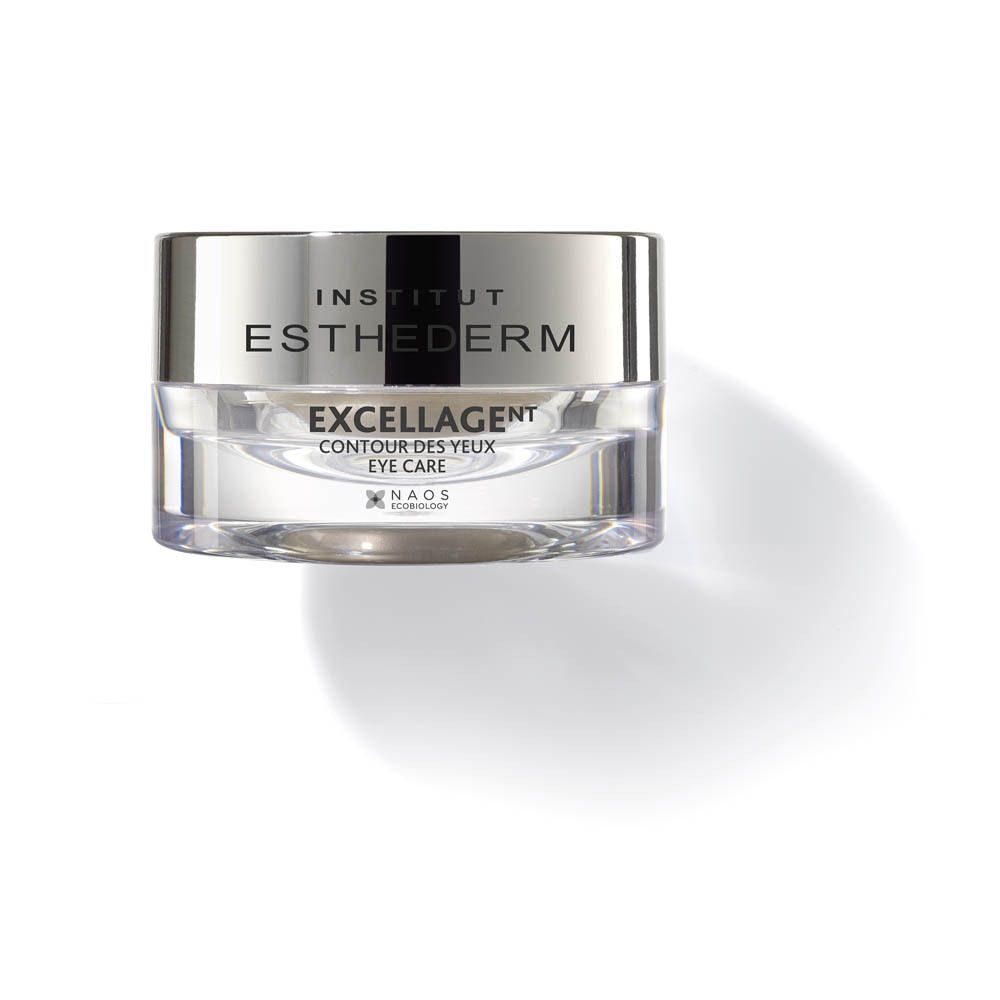 Crèmepot met zilveren deksel. Opschrift: Institut Esthederm, Excellagent, Contour des Yeux Eye Care. Schaduw.