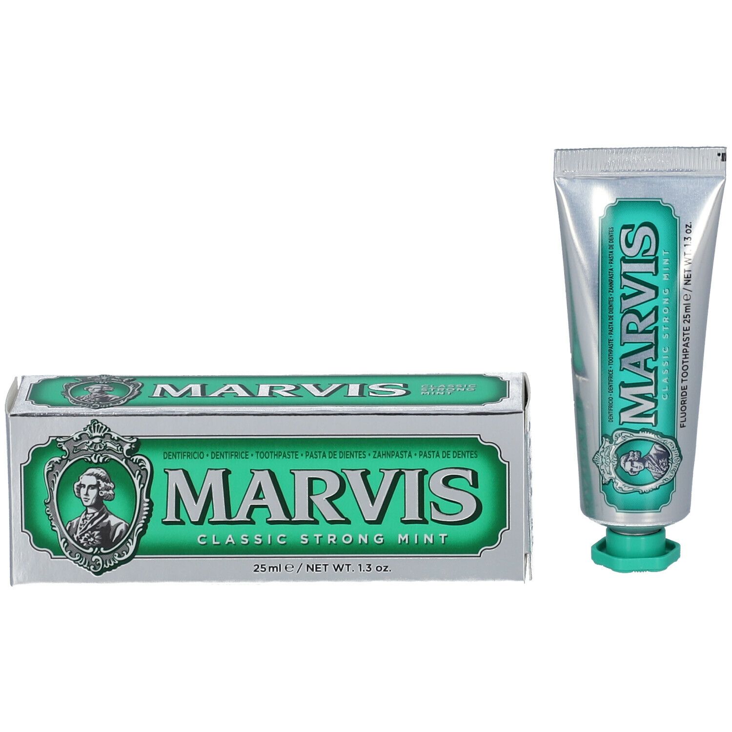 Tandpastatube en doos. Zilverkleurig, groen etiket. MARVIS Classic Strong Mint. Doos met tekst.