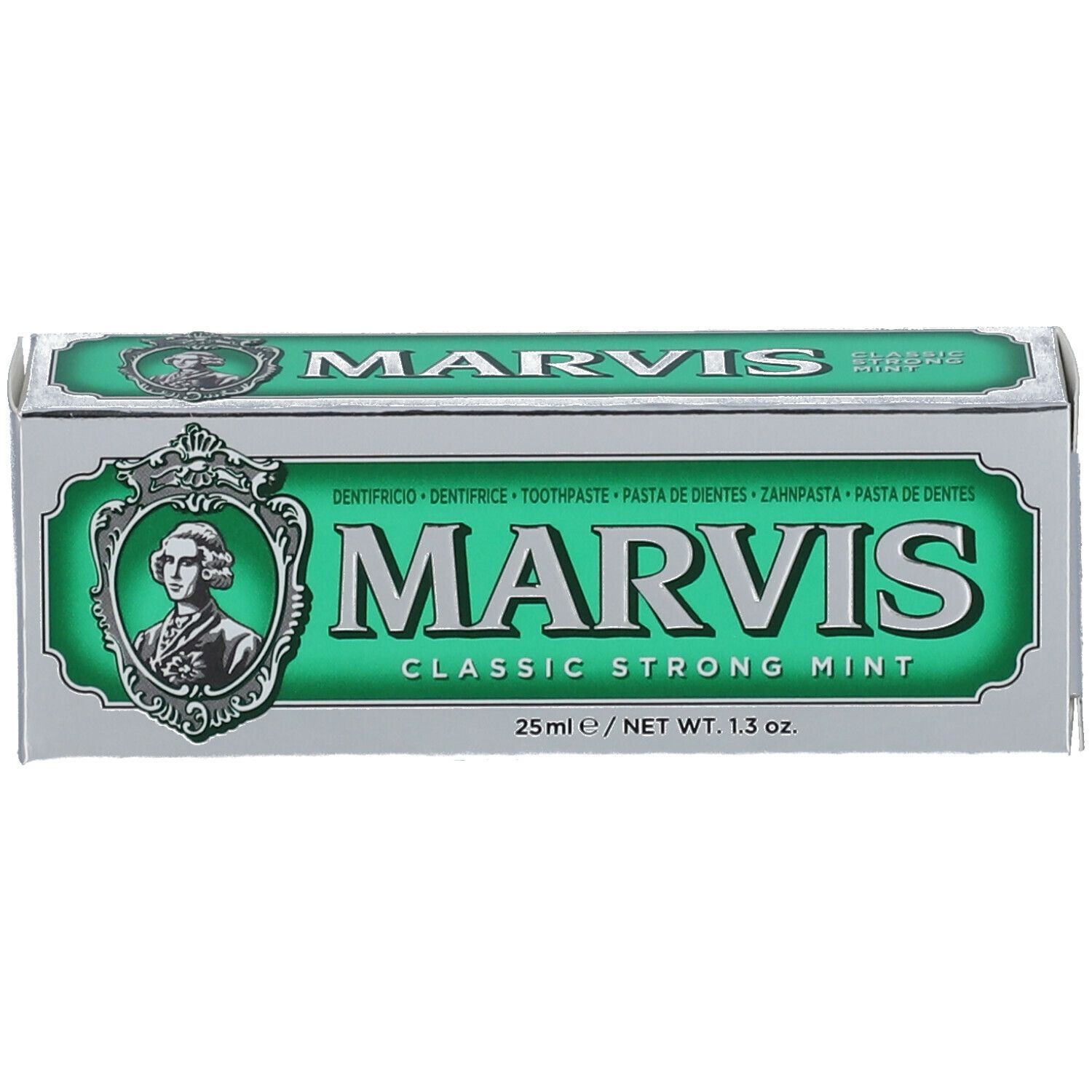 Doos met tandpasta. Zilver, groen etiket. MARVIS Classic Strong Mint, 25ml. Meertalige tekst.