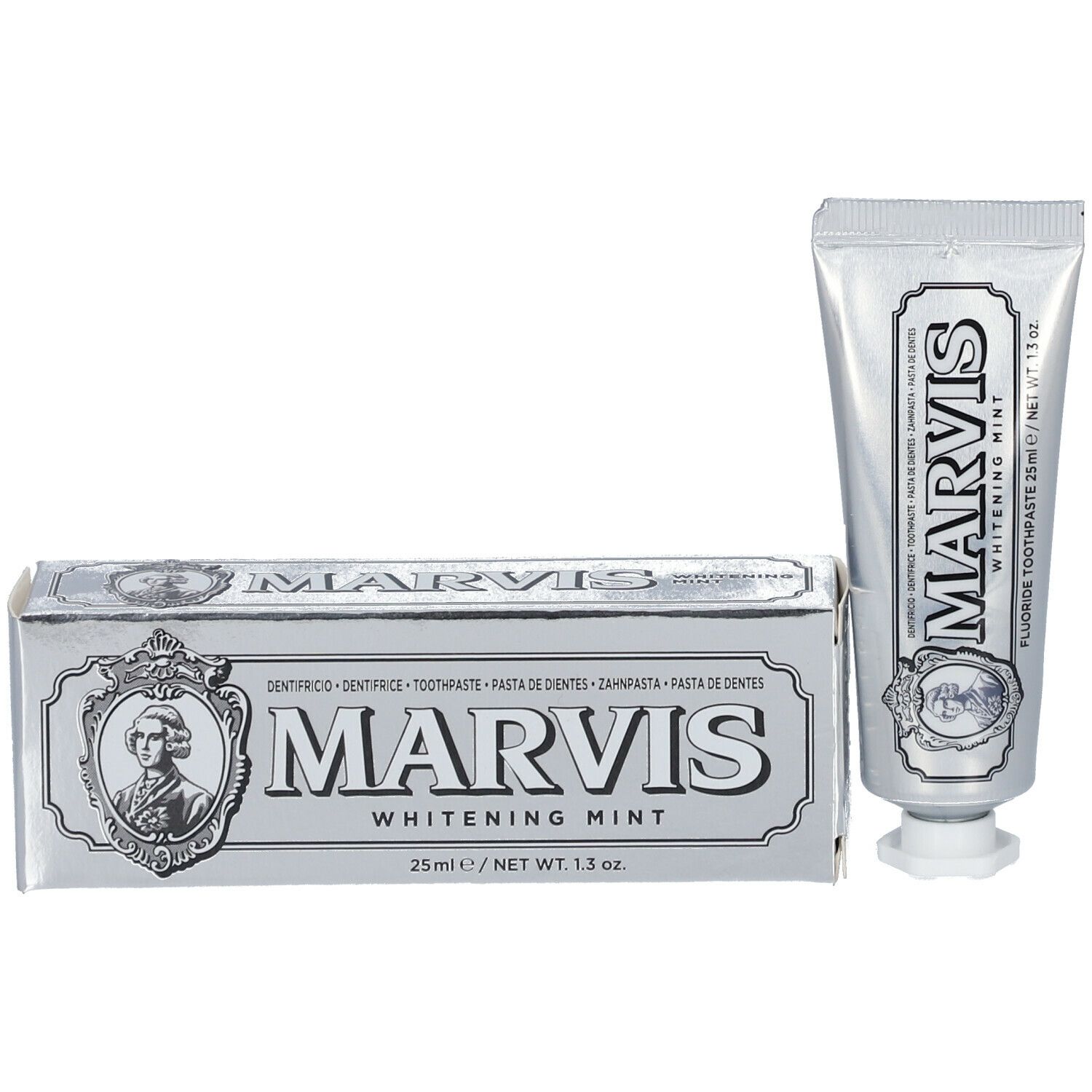 Zahnpasta-Tube und Schachtel. MARVIS Whitening Mint. Silberfarbenes Design. 25ml/1.3 oz.