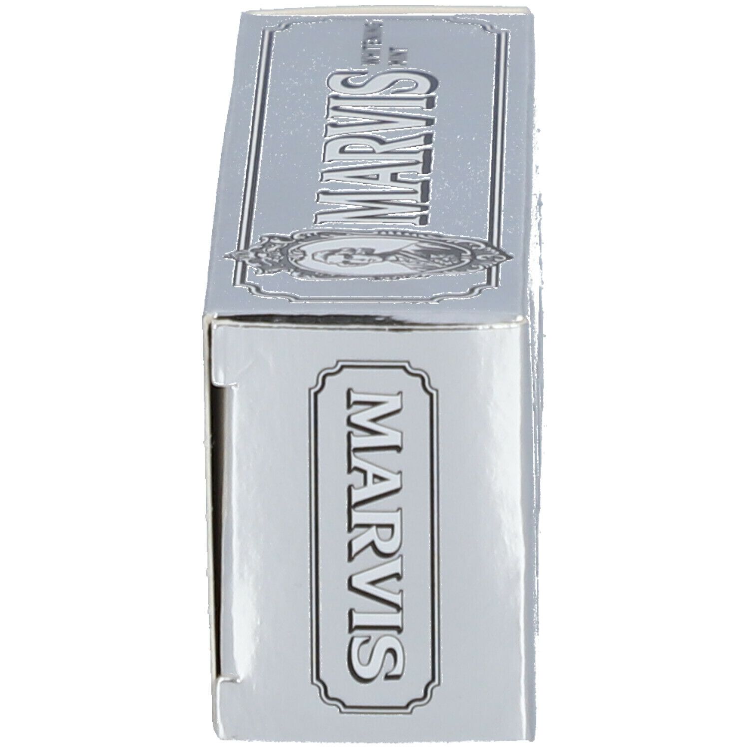 Schachtel MARVIS Whitening Mint. Silberfarben. Seitenansicht. Logo und Text.