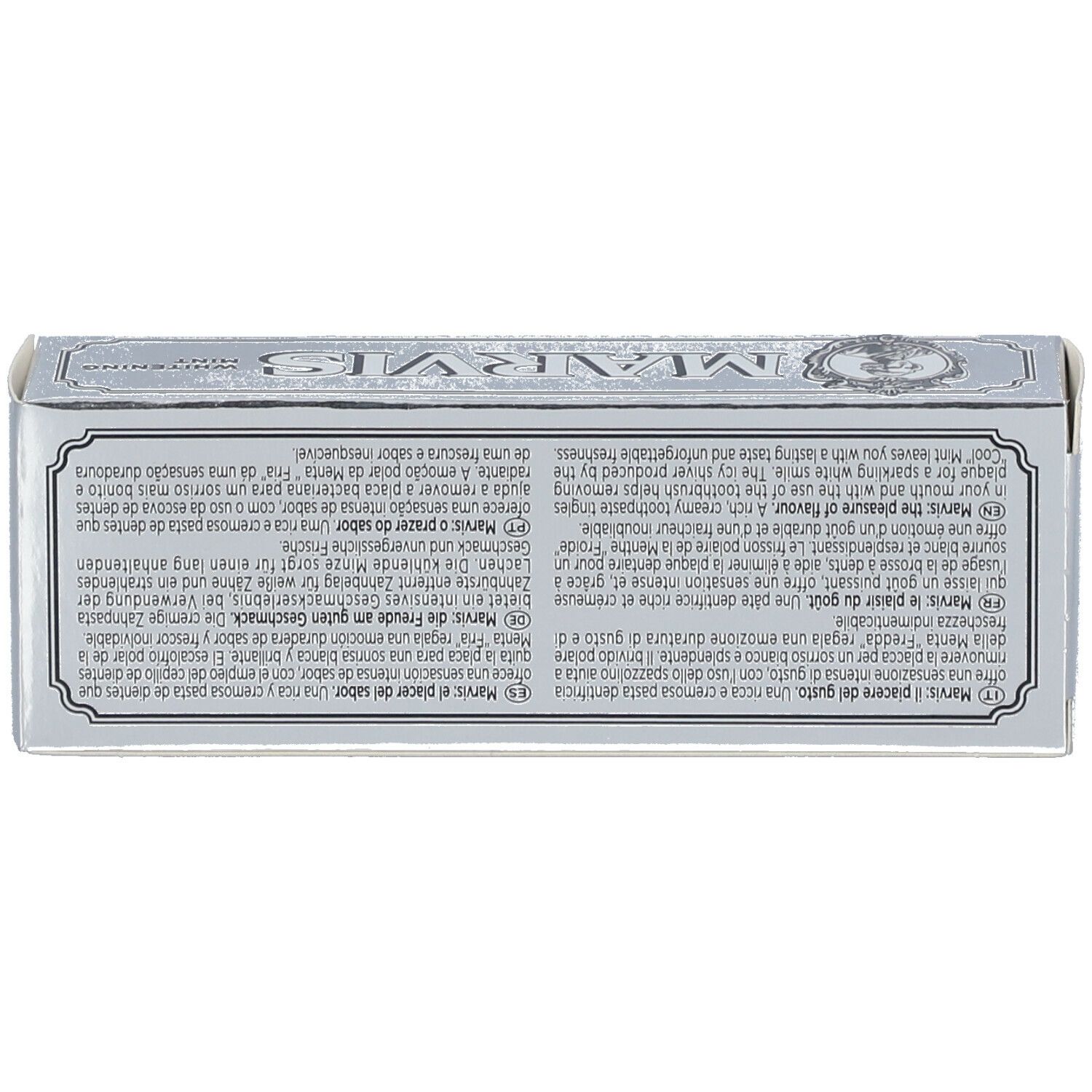 Rückseite der Schachtel MARVIS Whitening Mint. Text in mehreren Sprachen. Silberfarben.