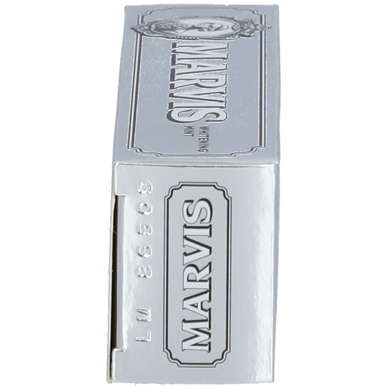 Seite der Schachtel MARVIS Whitening Mint. Silberfarben. Logo und Text.