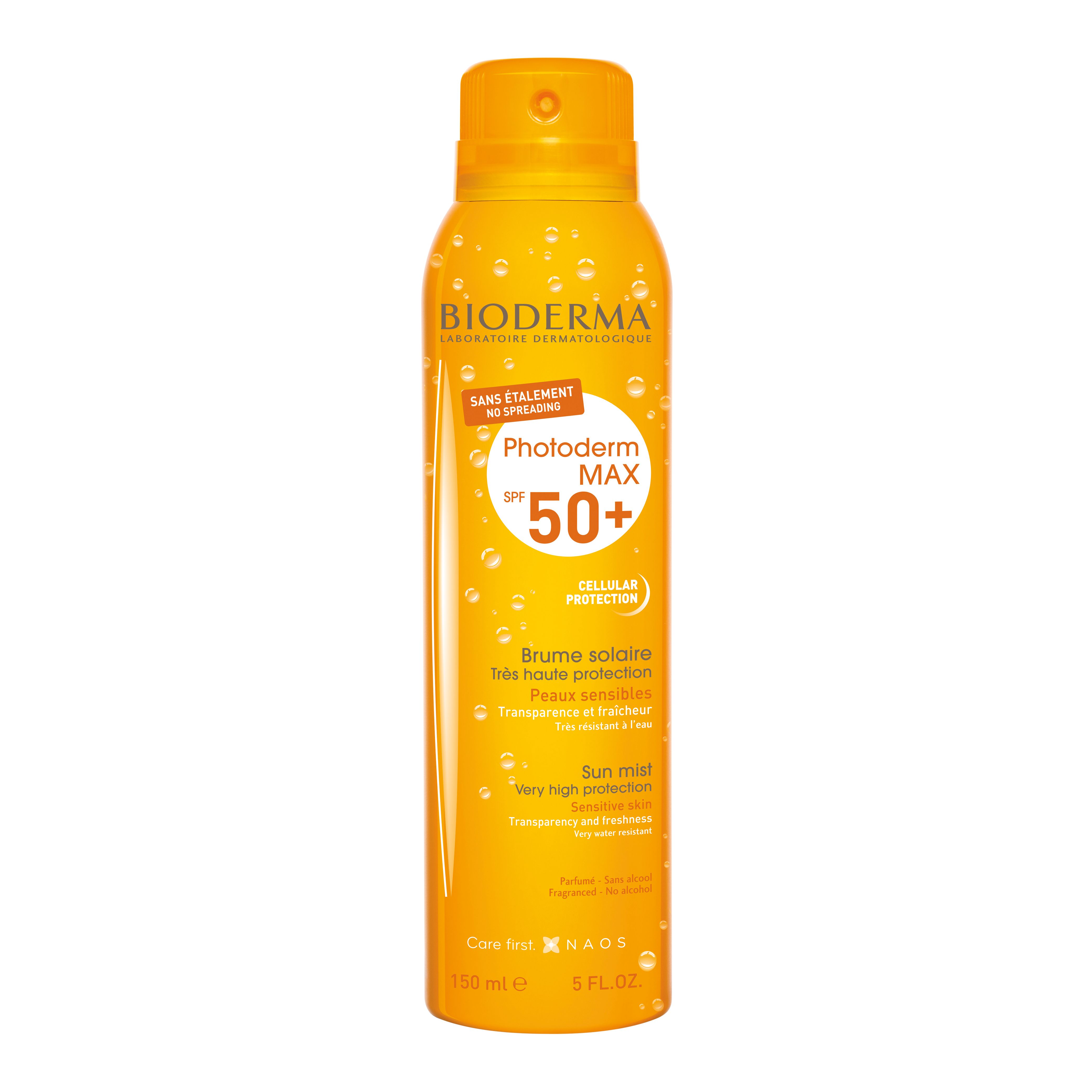 Gele sprayfles met Bioderma-logo en tekst Photoderm MAX SPF 50+. Zonnebrandcrème.