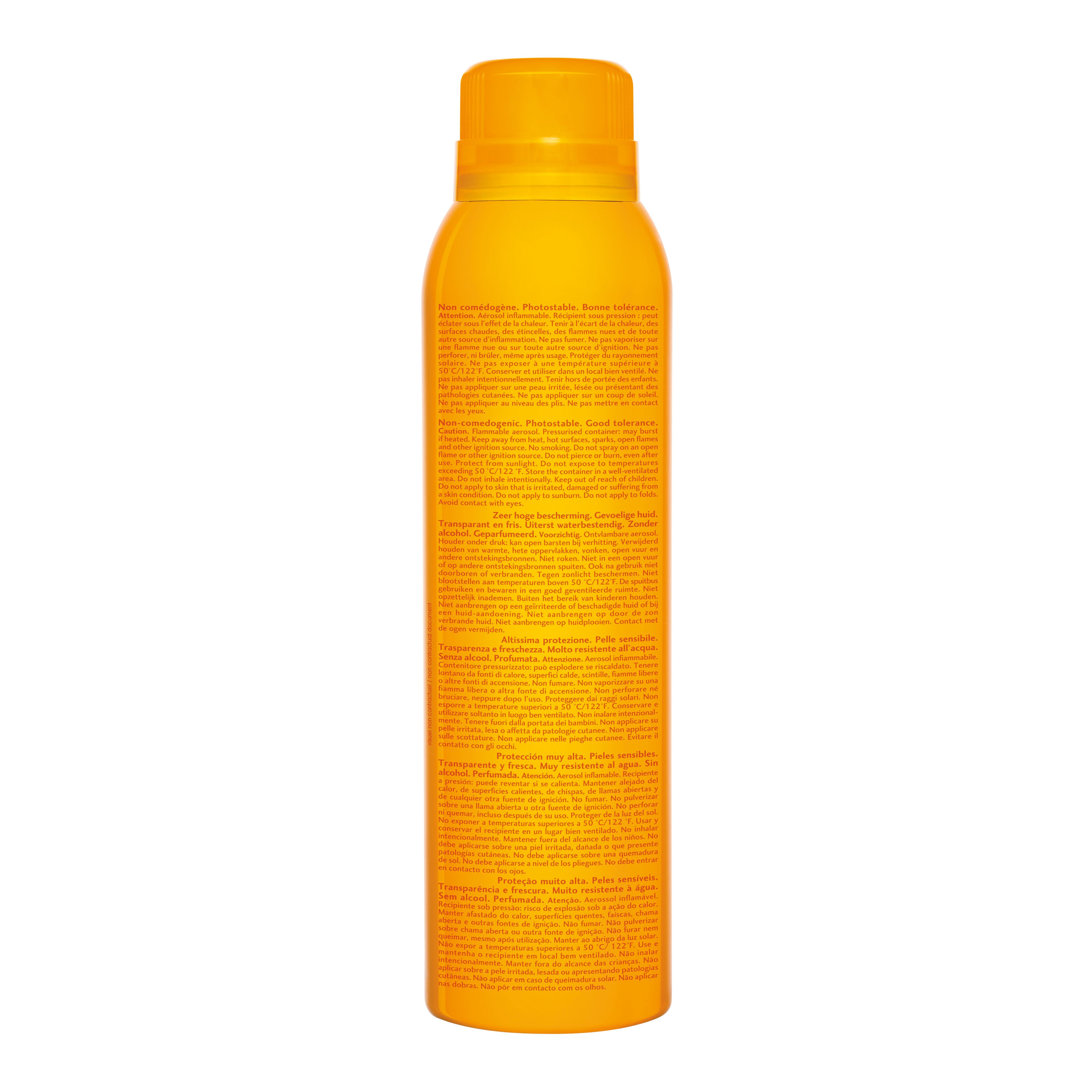 Achterkant van een gele sprayfles. Tekst in meerdere talen. Productinformatie.