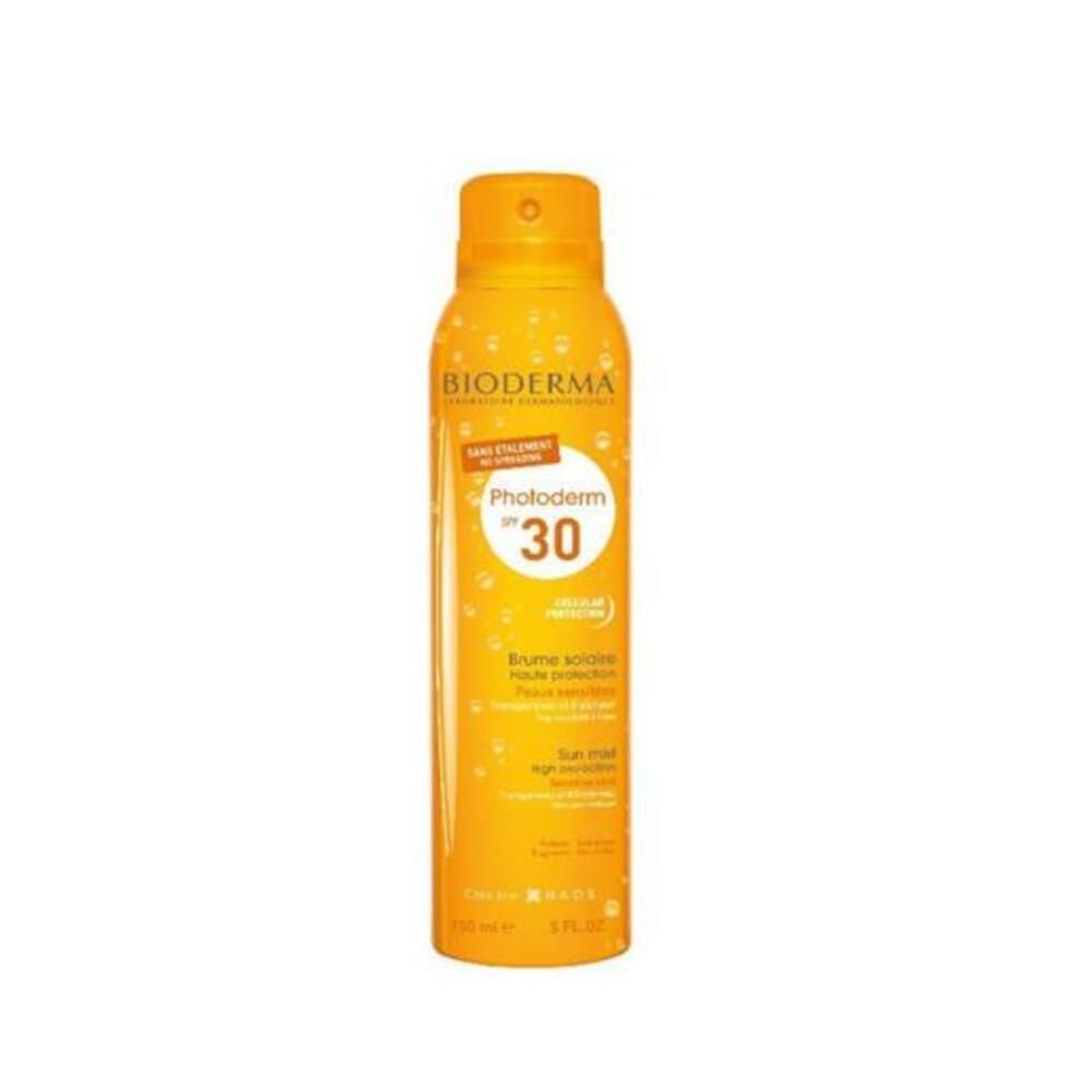 Gele spuitfles met productinformatie. Opschrift: BIODERMA Photoderm SPF30. Zonnebrandspray.
