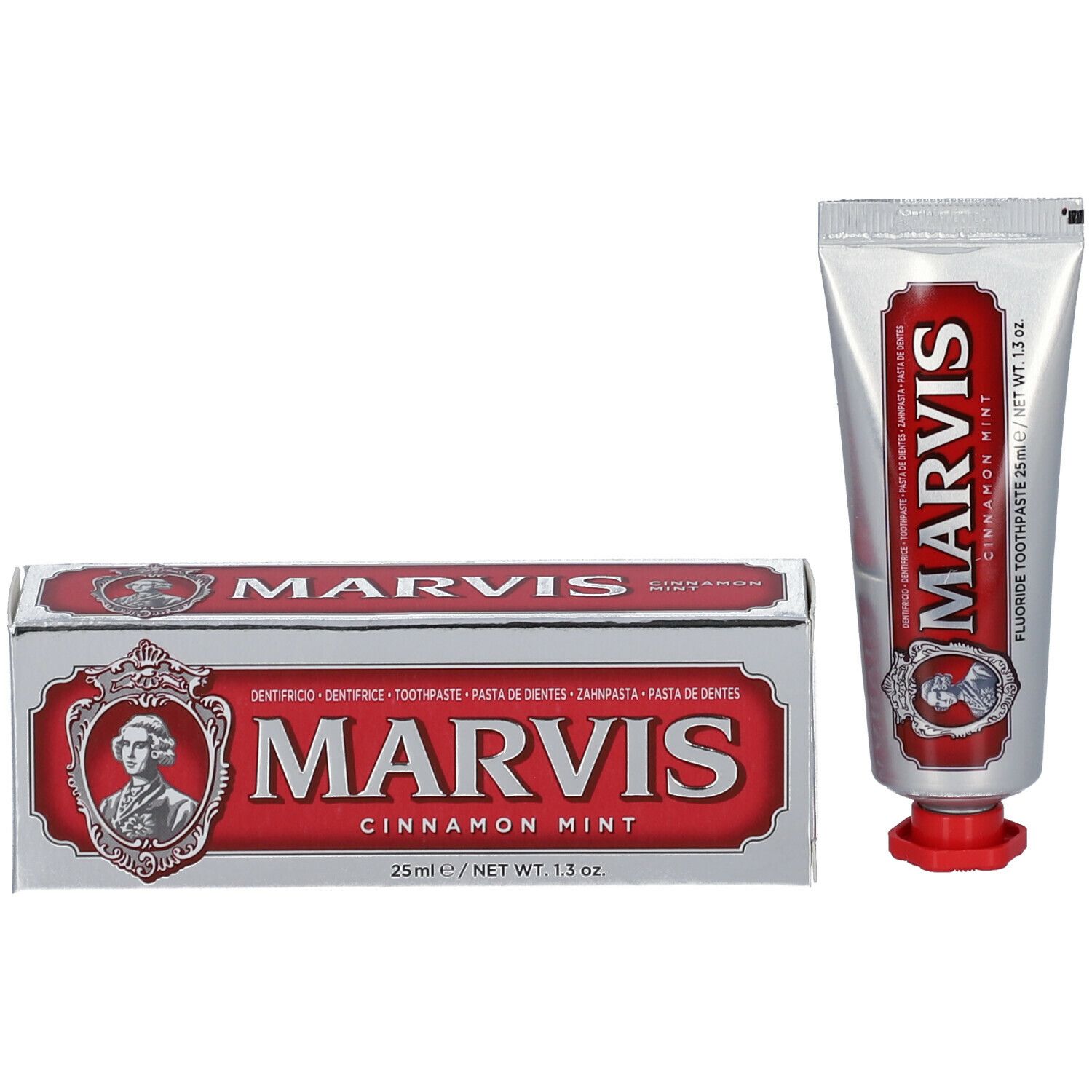 Tube et boîte de dentifrice. Tube : argent, rouge, MARVIS. Boîte : argent, rouge, MARVIS, Cinnamon Mint.