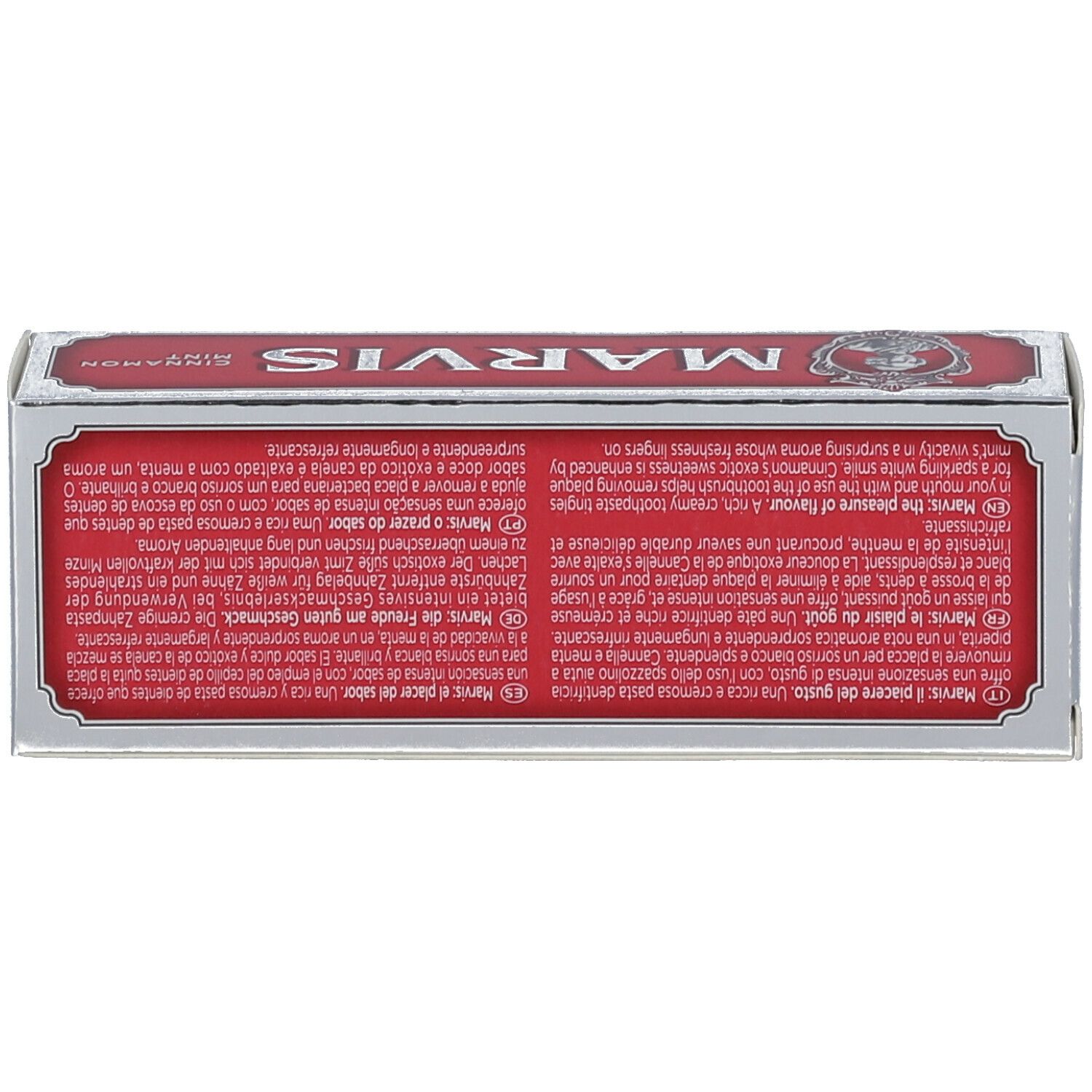 Dos de la boîte de dentifrice MARVIS. Texte multilingue sur fond rouge.