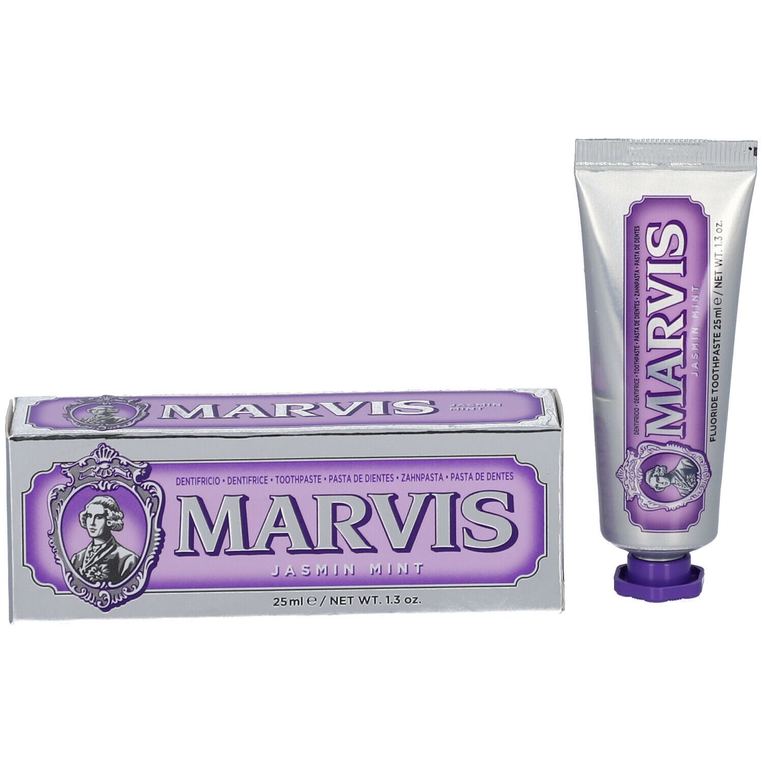 Tandpastatube en doos. MARVIS Jasmin Mint. Paars en zilver. 1.3 oz.