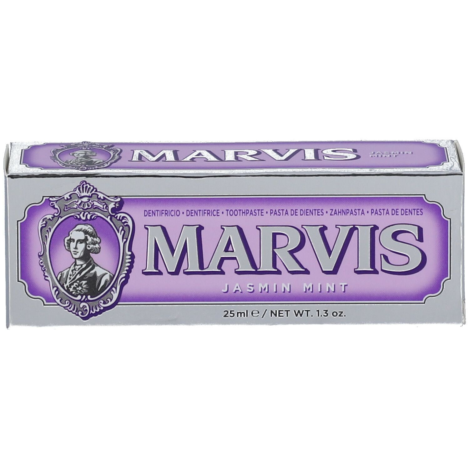 Doos met MARVIS Jasmin Mint. Paars en zilver. Tekst: tandpasta, 1.3 oz.