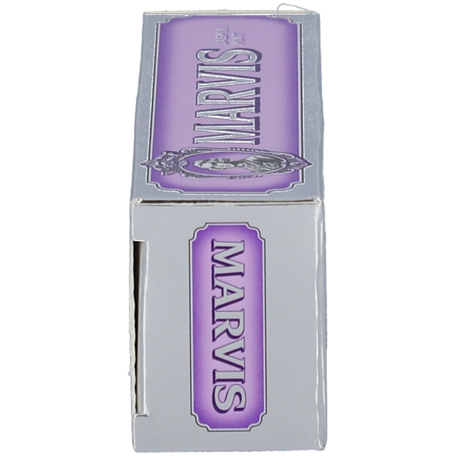 Doos, MARVIS Jasmin Mint. Paars en zilver. Bovenaanzicht.