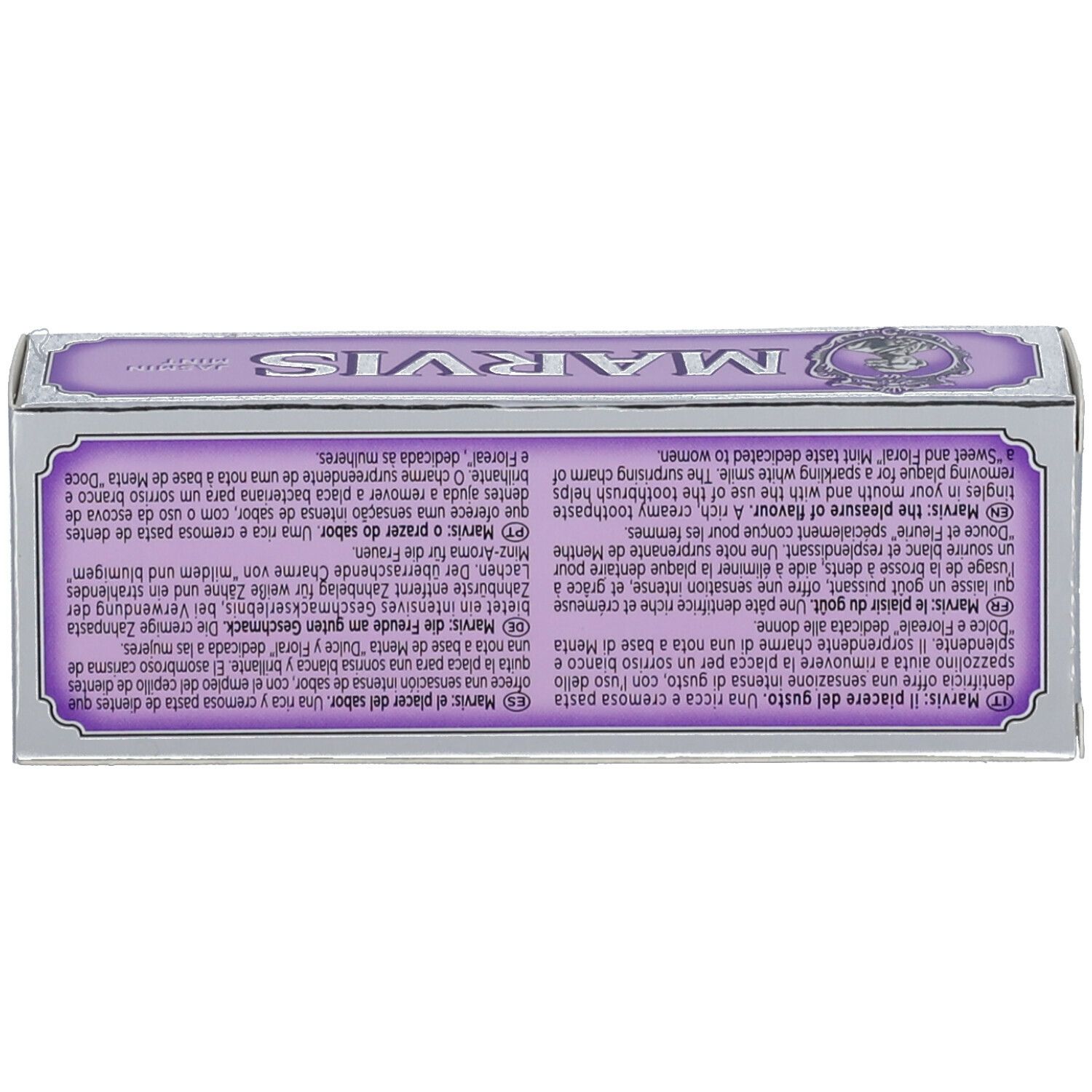 Doos met tekst. MARVIS Jasmin Mint. Paars en zilver. Meertalige tekst.