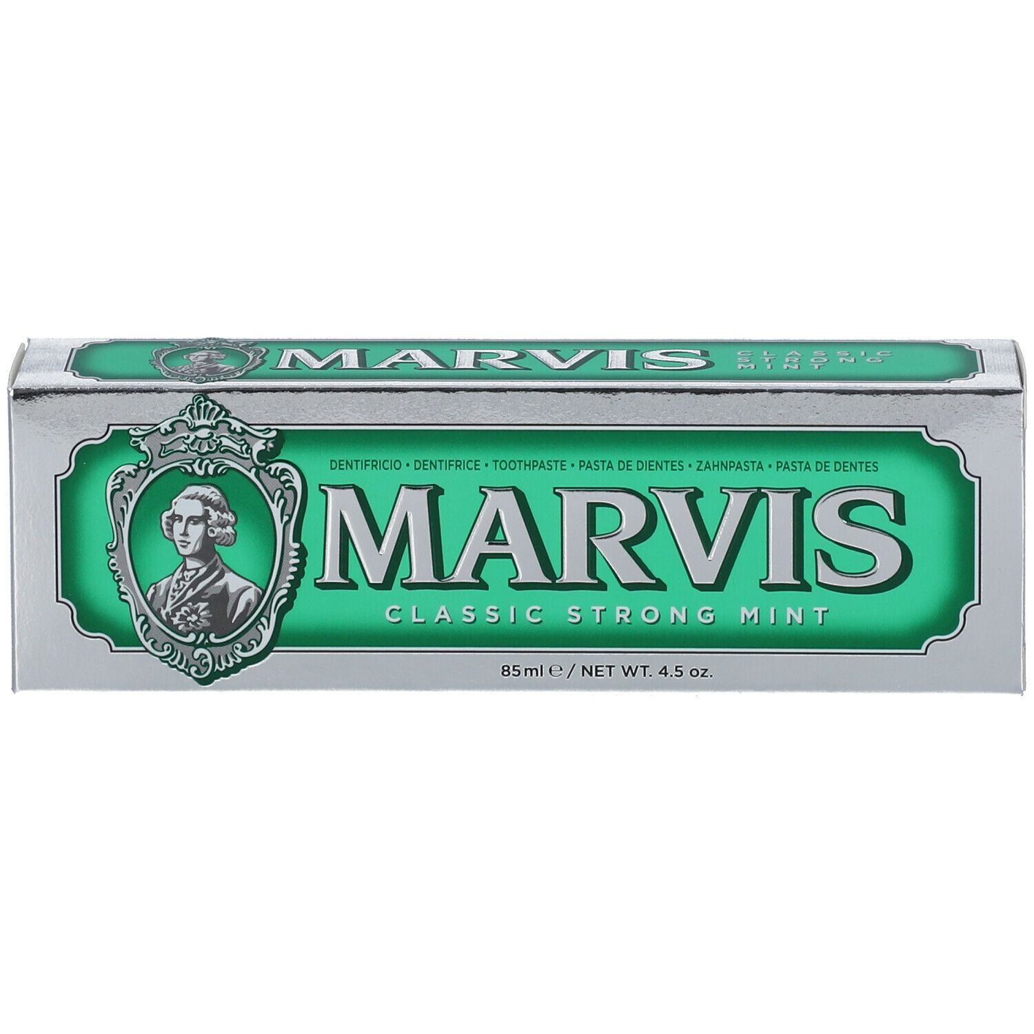 Zahnpasta-Schachtel, silberfarben mit grünem Etikett. Aufschrift: MARVIS Classic Strong Mint.