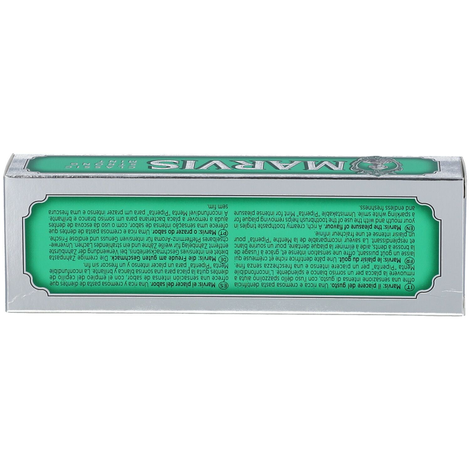 Zahnpasta-Schachtel, silberfarben mit grünem Etikett. Text in mehreren Sprachen. Aufschrift: MARVIS Classic Strong Mint.