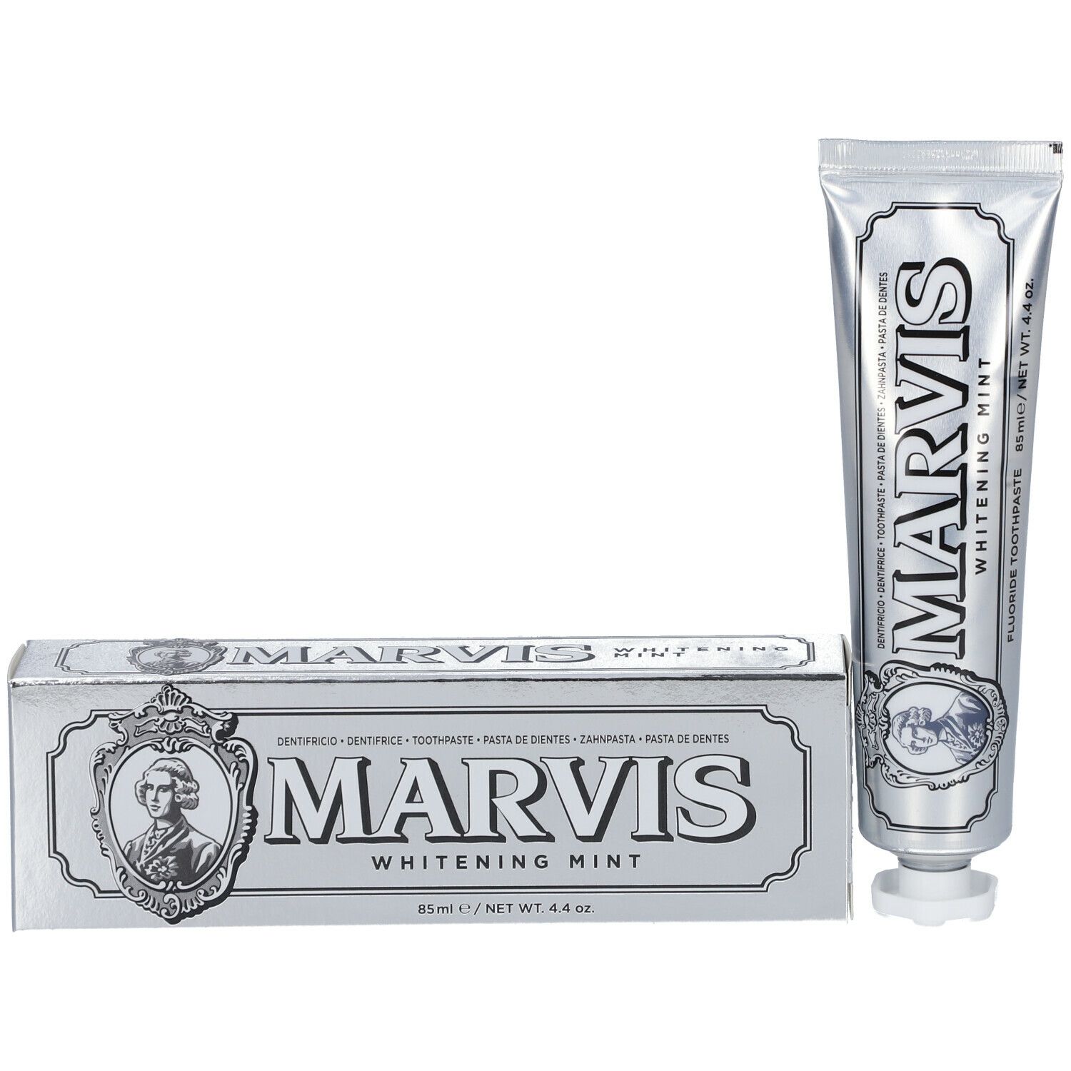 Zahnpasta-Tube und Schachtel. MARVIS Whitening Mint Schriftzug. Bildnis einer Person. Silberfarben.