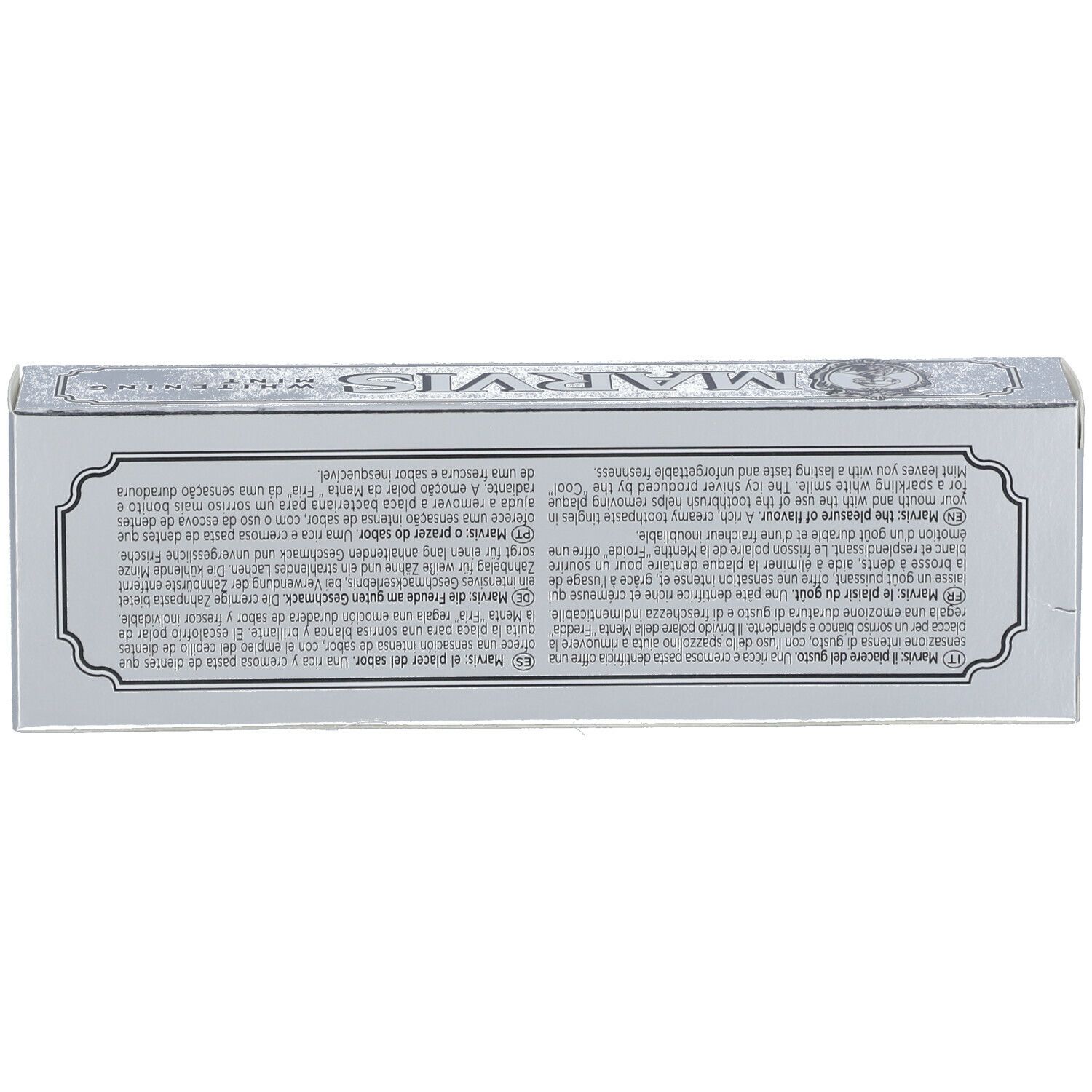 Oberseite der silbernen Schachtel. Mehrsprachiger Text. MARVIS Whitening Mint. Enthält Informationen.