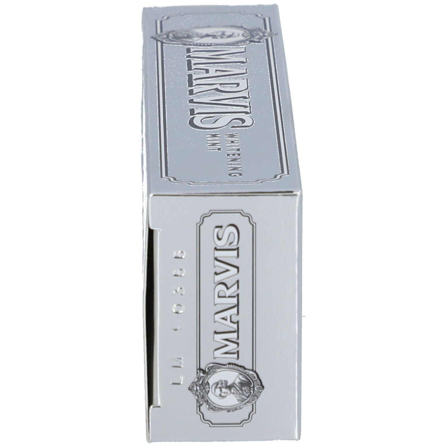 Seitenansicht der silbernen Schachtel. MARVIS Whitening Mint Schriftzug. Bildnis einer Person.