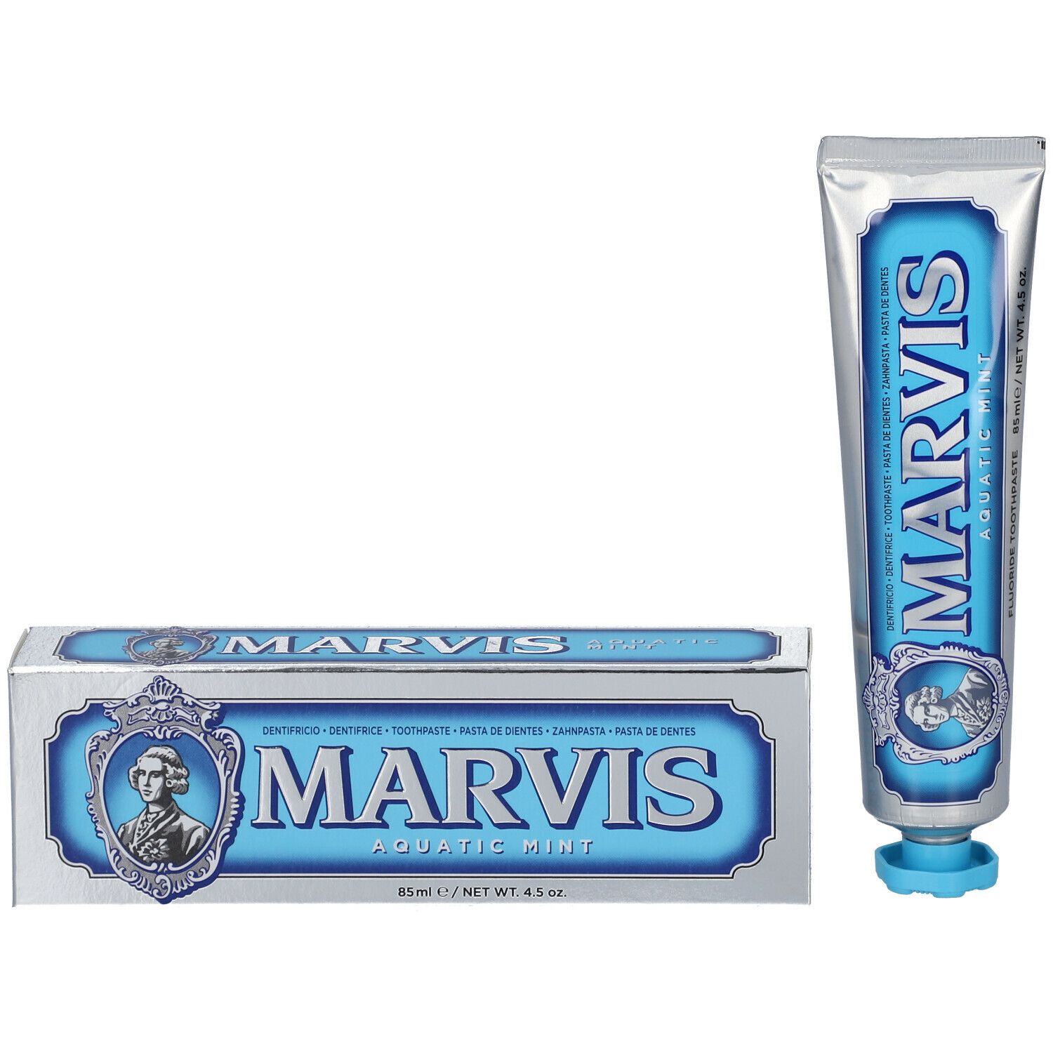 Zahncreme-Tube und Schachtel. Silberfarben mit blauem Etikett. MARVIS-Logo und Aquatic Mint. Blaue Verschlusskappe.