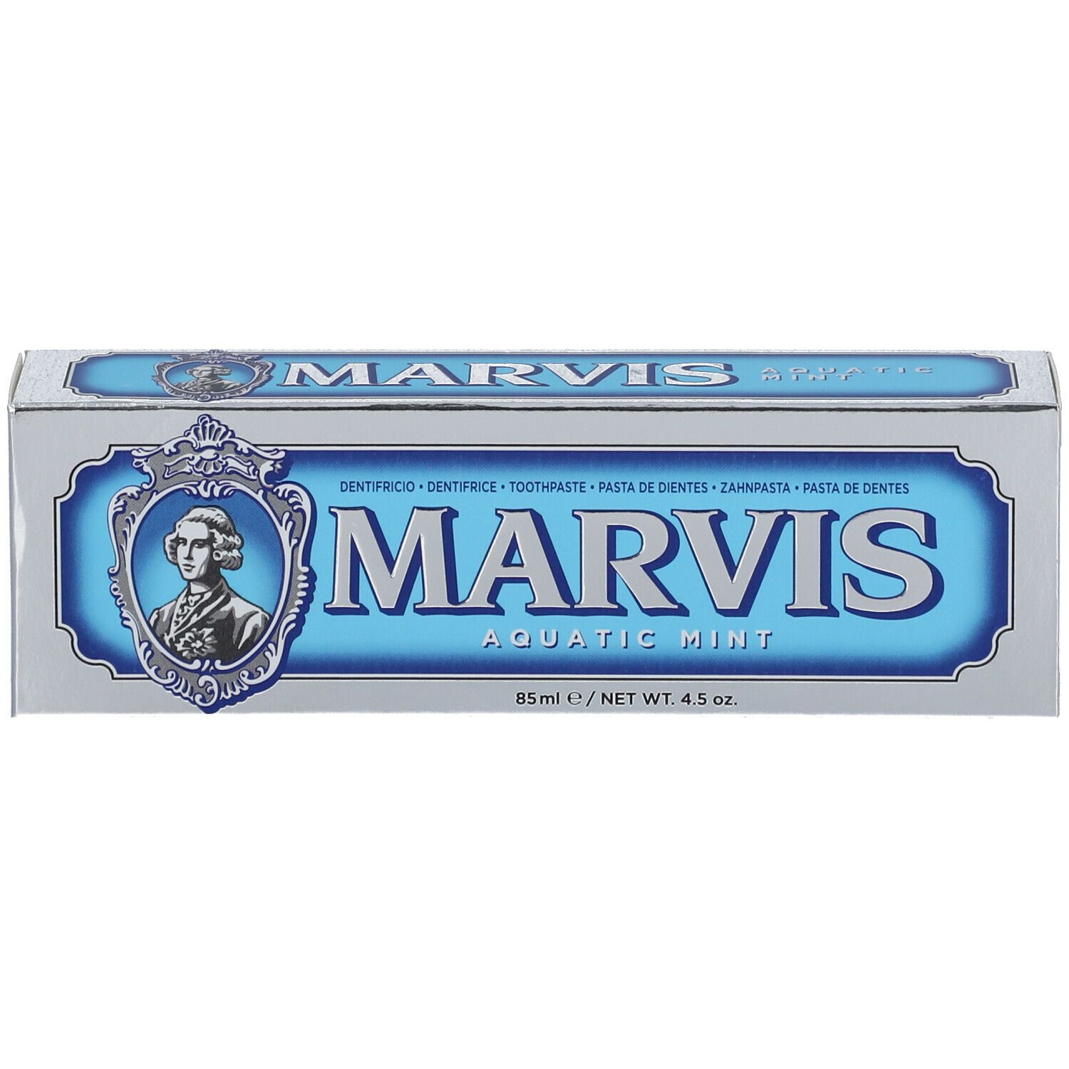 Zahncreme-Schachtel, silberfarben mit blauem Etikett. MARVIS-Logo und Aquatic Mint. Bild einer Person.