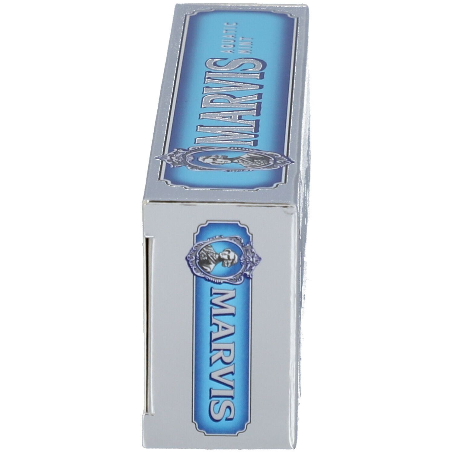 Zahncreme-Schachtel, Seitenansicht. Silberfarben mit blauem Etikett. MARVIS-Logo.