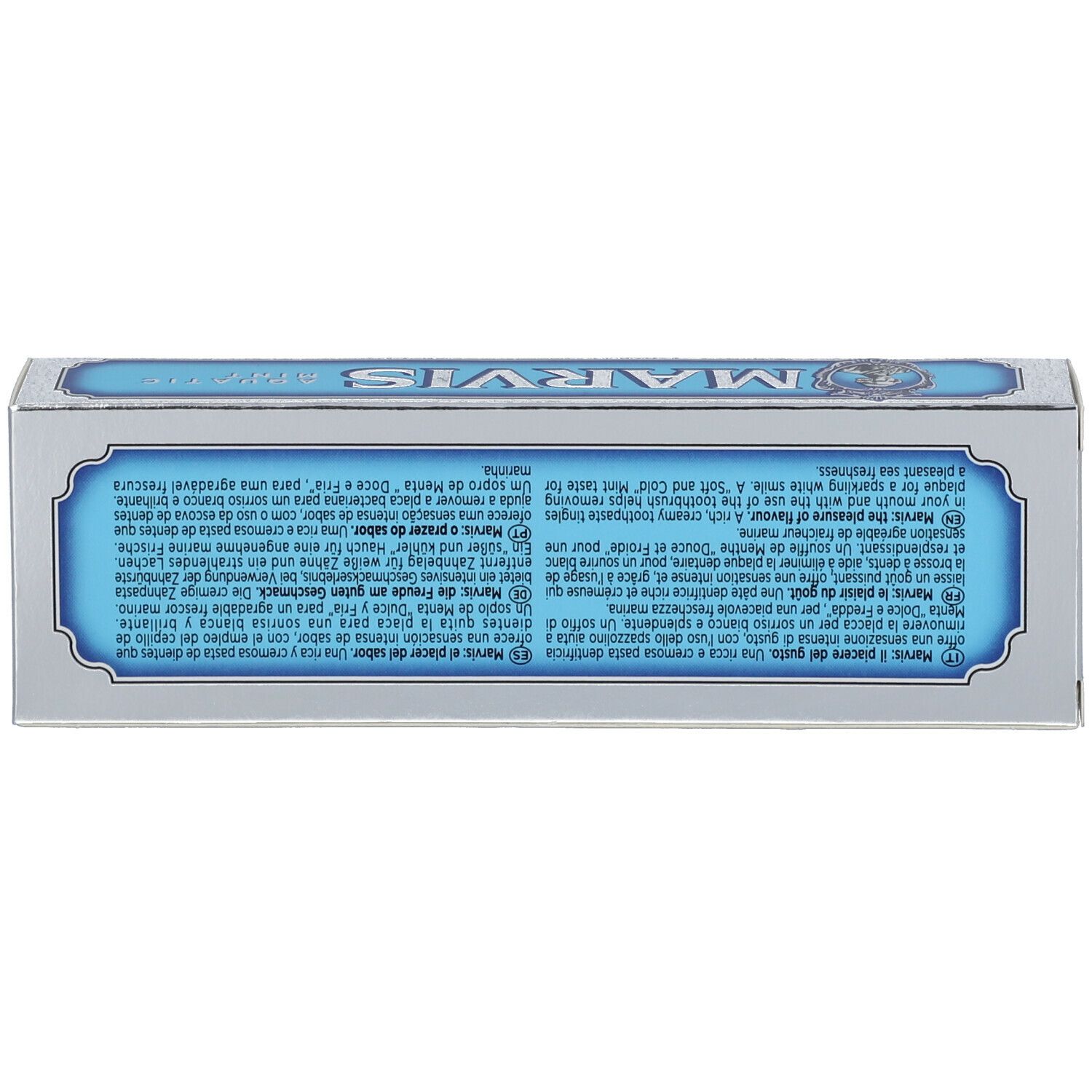 Zahncreme-Schachtel, Rückseite. Silberfarben mit blauem Etikett. Text in mehreren Sprachen.