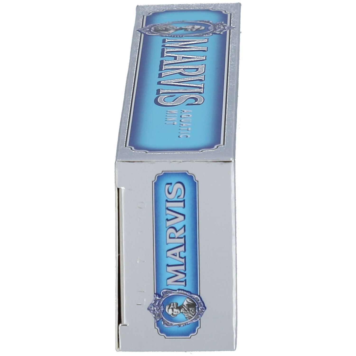 Zahncreme-Schachtel, Seitenansicht. Silberfarben mit blauem Etikett. MARVIS-Logo und Bild.