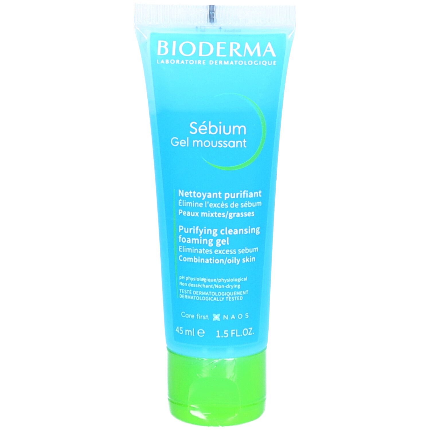 Blauw-transparante tube met groene dop. Opschrift: Bioderma Sébium Gel moussant. Tekst in het Engels en Frans.