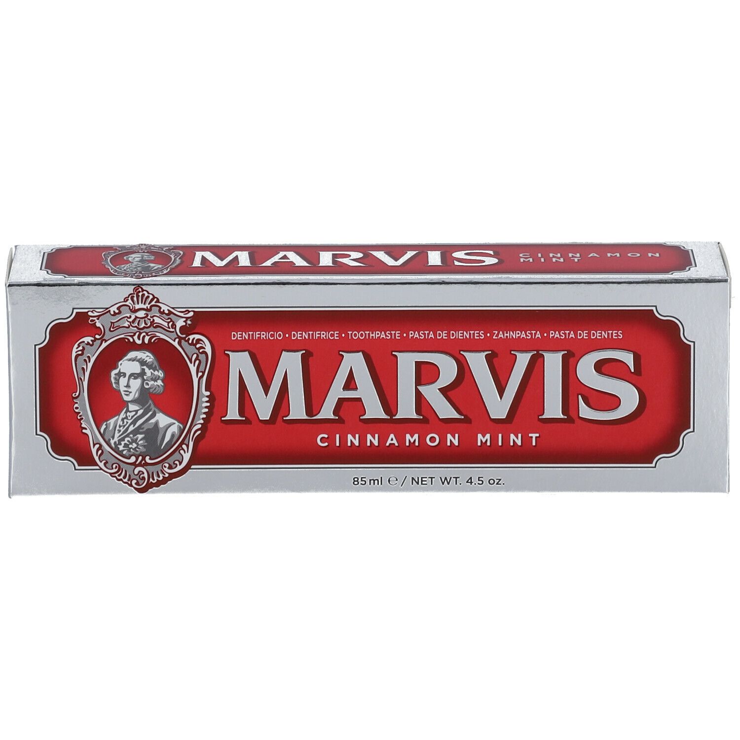 Zahncreme-Schachtel mit rotem Etikett und MARVIS-Logo. Aufschrift Cinnamon Mint.