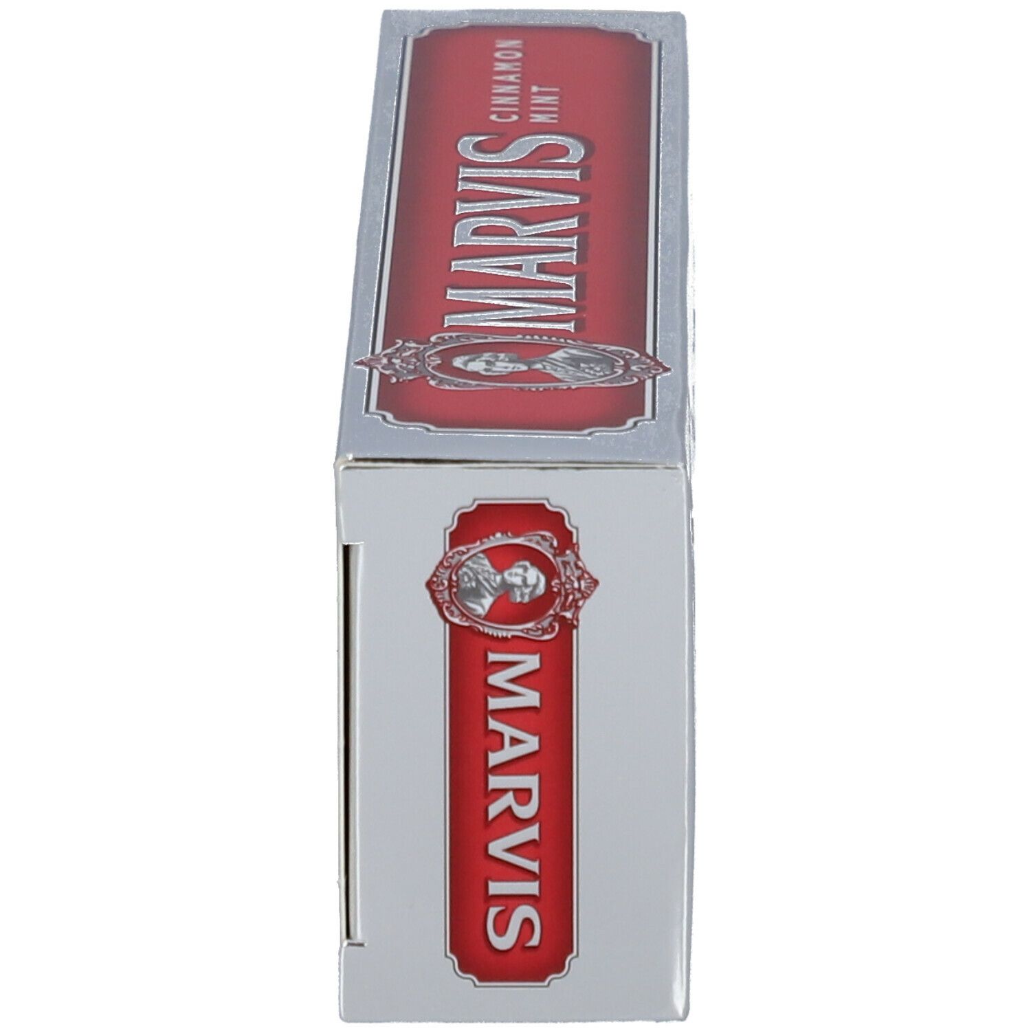 Seitenansicht der Zahncreme-Schachtel. Rotes Etikett mit MARVIS-Logo und Text.