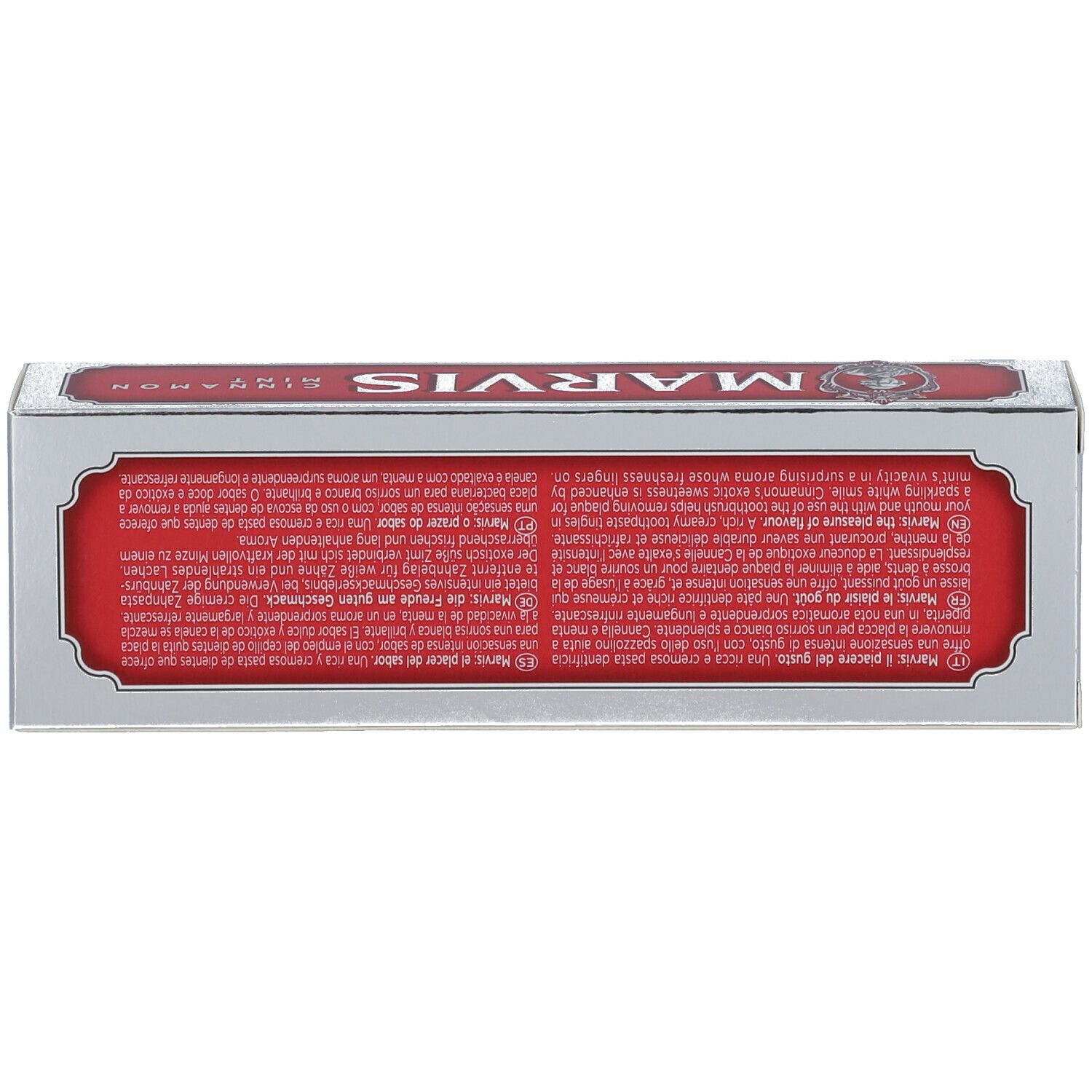 Rückseite der Zahncreme-Schachtel. Rotes Etikett mit Text in verschiedenen Sprachen.