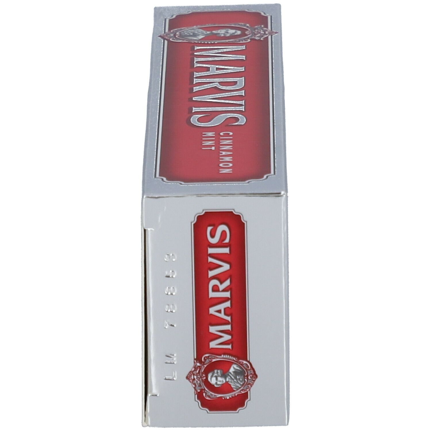 Seitenansicht der Zahncreme-Schachtel. Rotes Etikett mit MARVIS-Logo und Text.